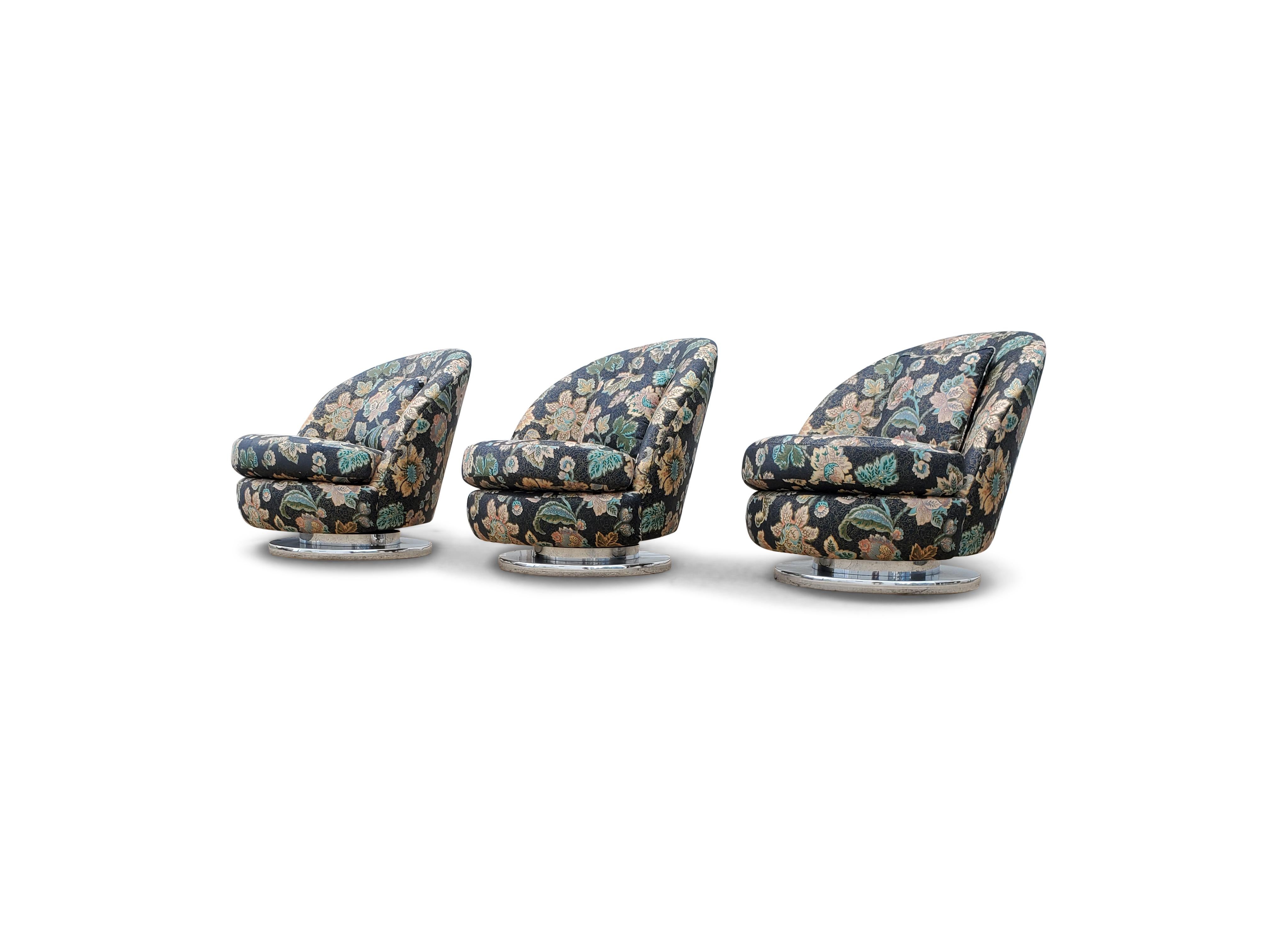 Fabric Set of Three Milo Baughman Tilt & Swivel Lounge Chairs Chrome Bases For Sale