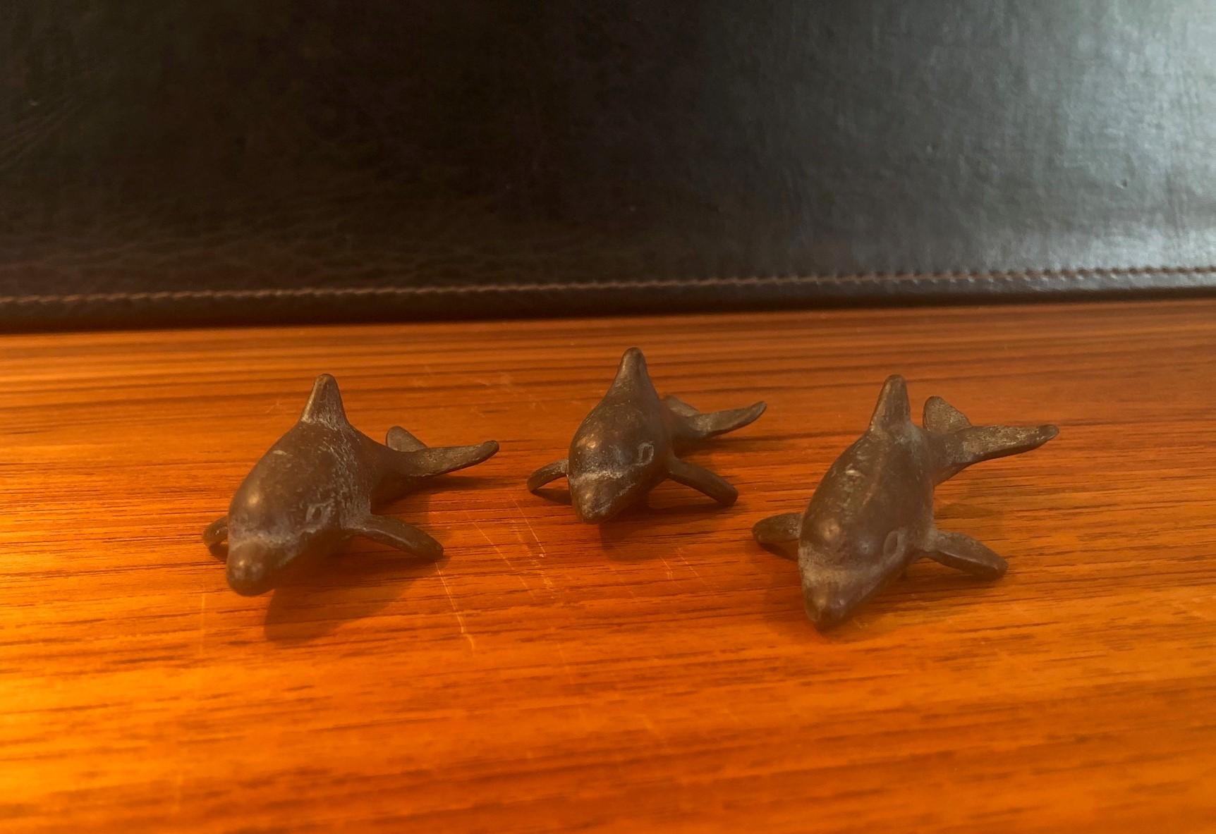 Mid-Century Modern Set of Three Miniature Japanese Bronze Dolphins For Sale