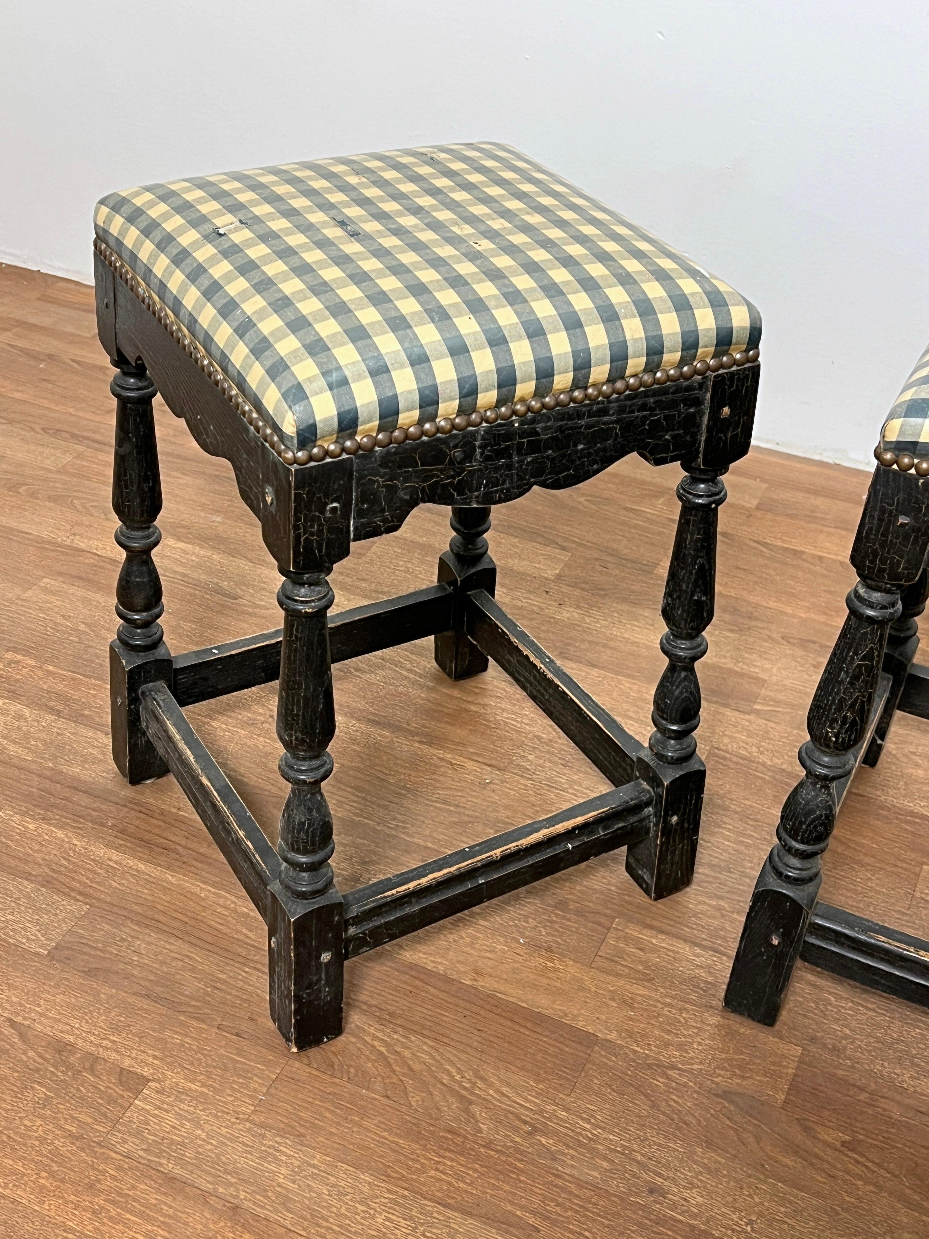 Set of three French Country style stools with turned wood frames and nailhead accents by Minton-Spidell, 23.5