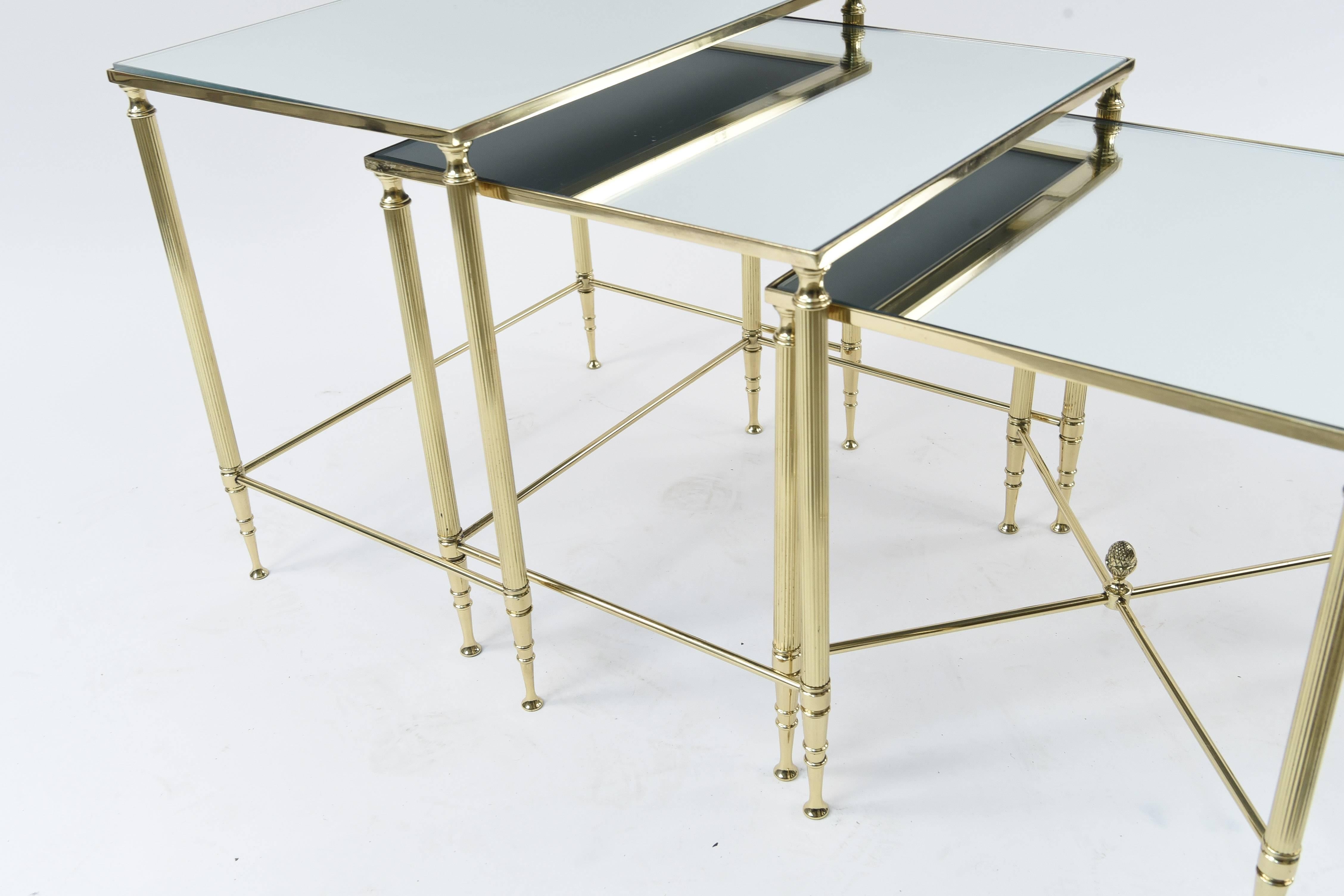 Mid-Century Modern Set of Three Mirrored Top Brass Nesting Tables
