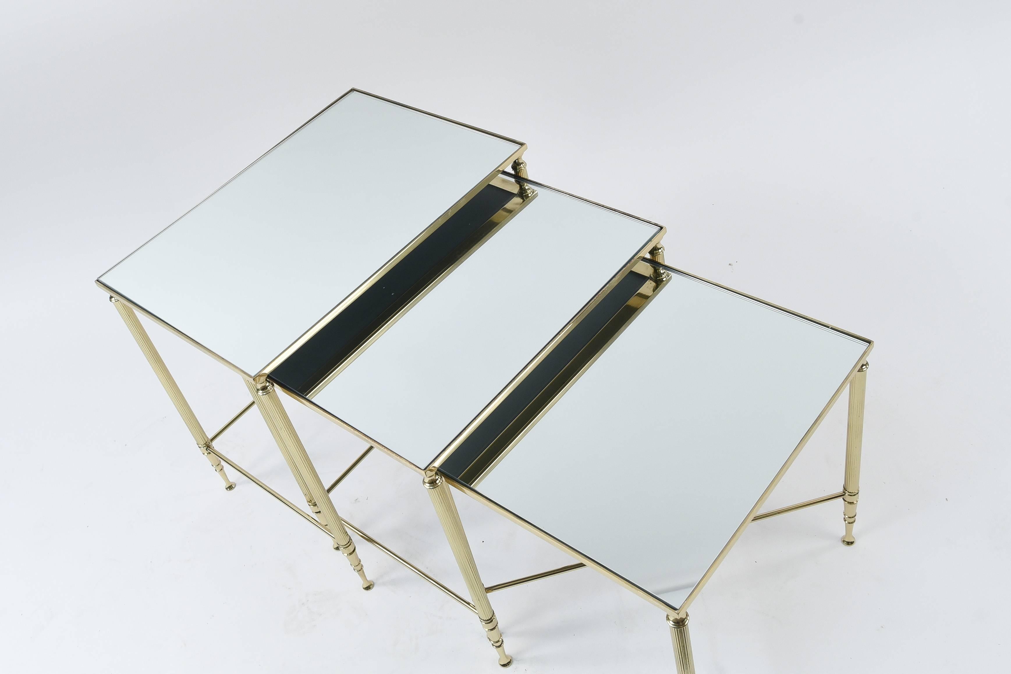 American Set of Three Mirrored Top Brass Nesting Tables