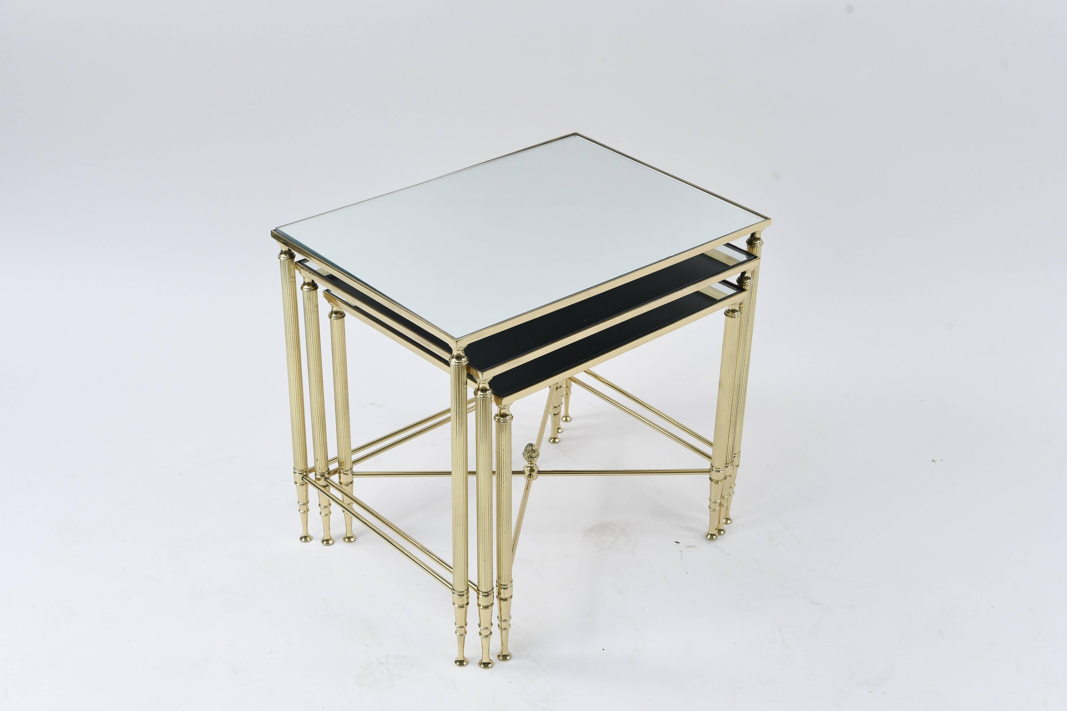 20th Century Set of Three Mirrored Top Brass Nesting Tables