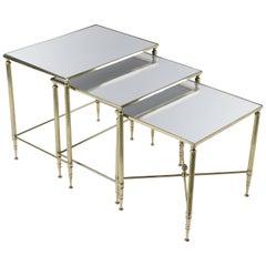 Set of Three Mirrored Top Brass Nesting Tables