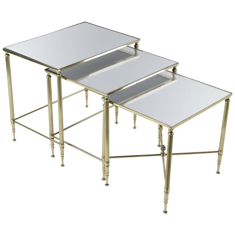 Set of Three Mirrored Top Brass Nesting Tables For Sale at 1stDibs