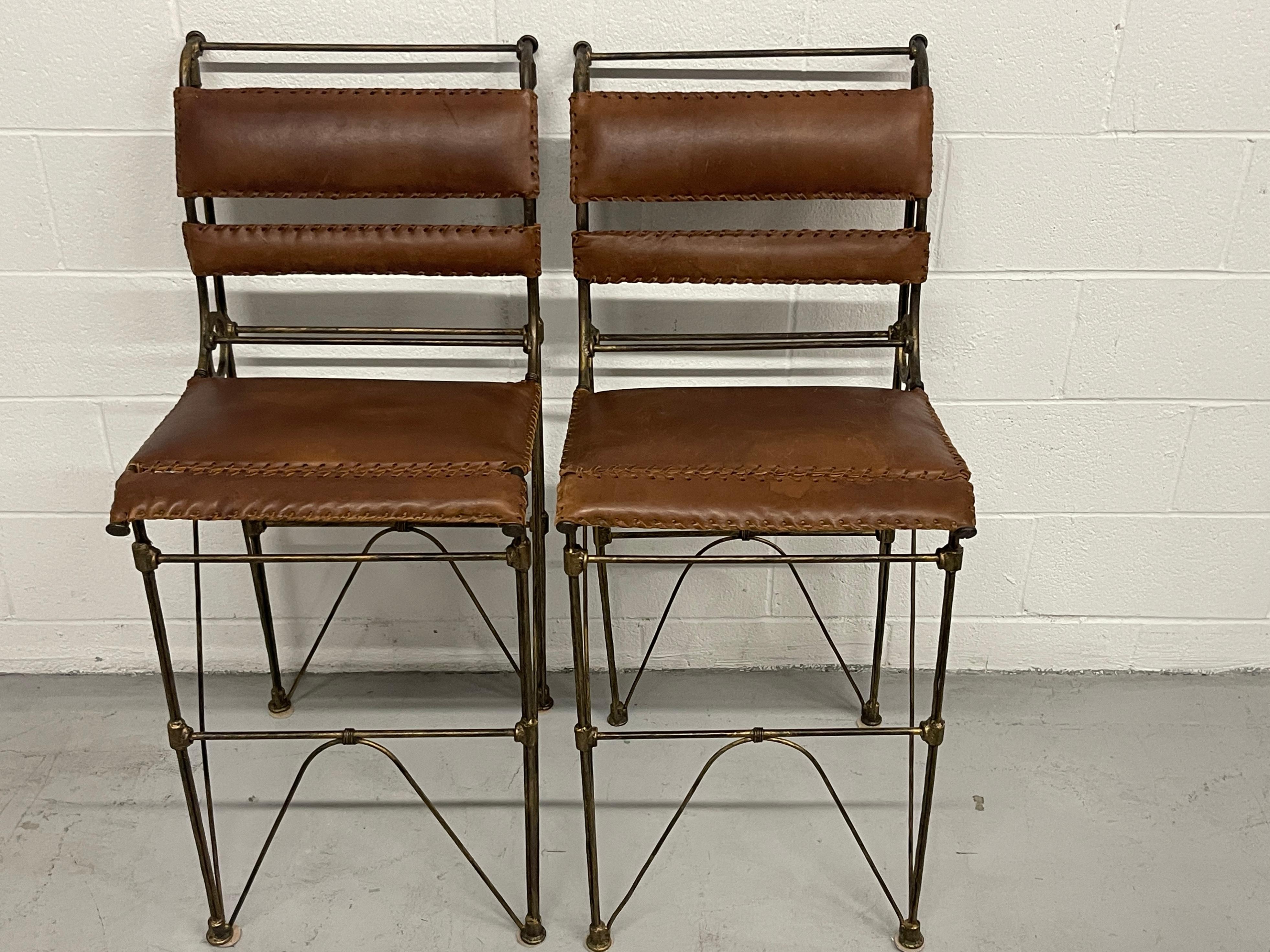 Set of Three Modern Iron & Stitched Leather Barstools For Sale 5