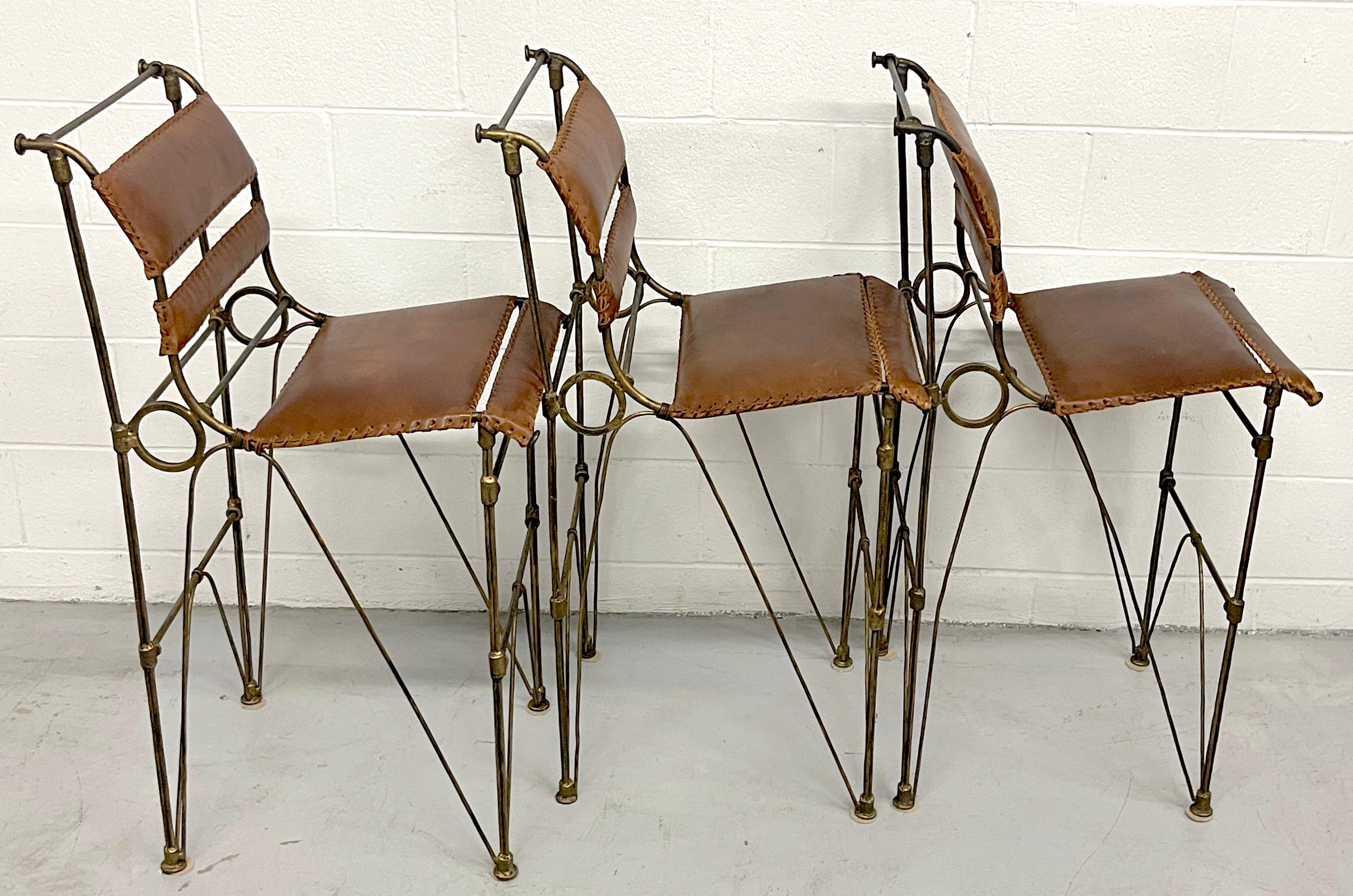 American Set of Three Modern Iron & Stitched Leather Barstools For Sale