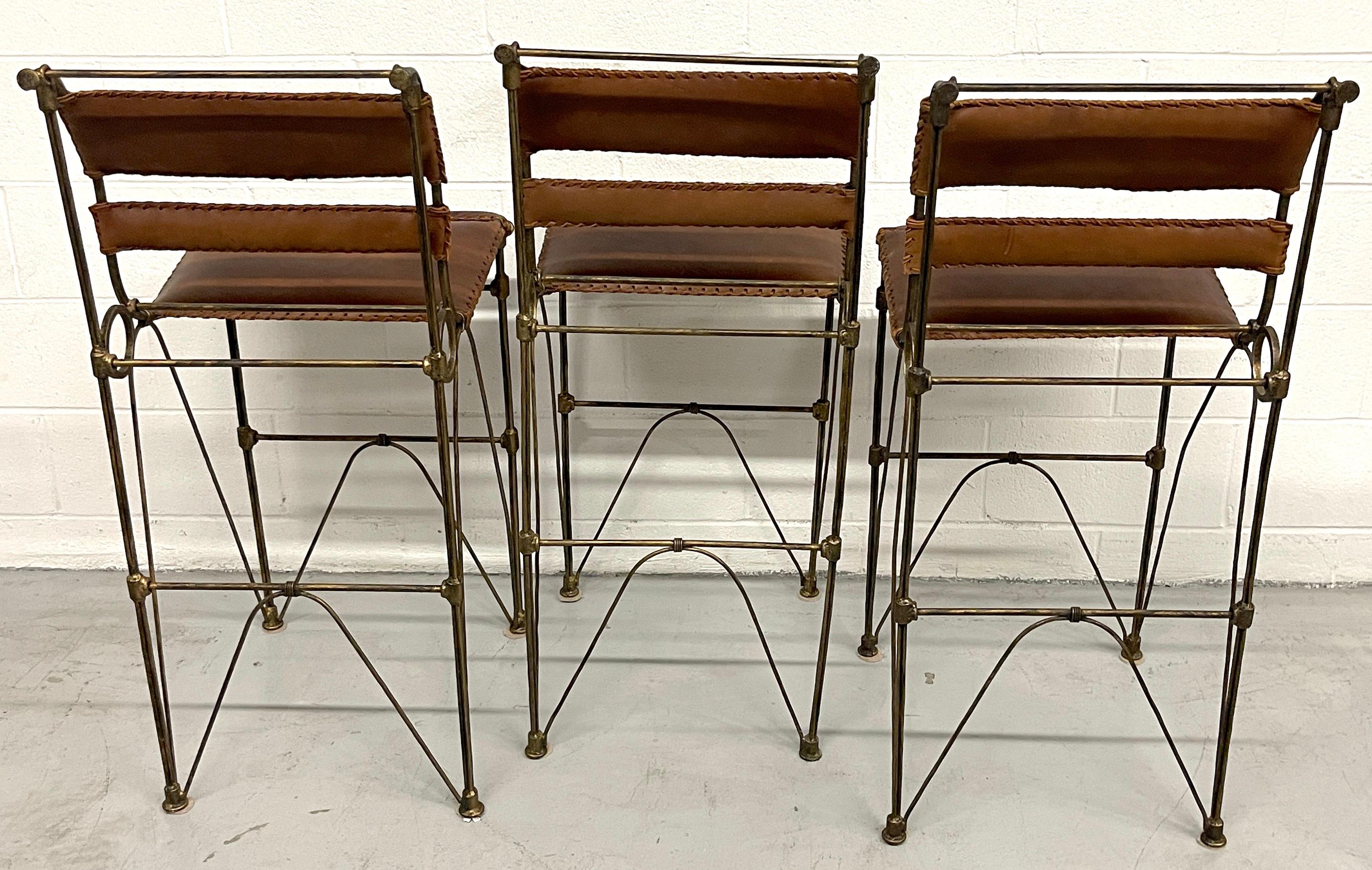Set of Three Modern Iron & Stitched Leather Barstools In Good Condition For Sale In West Palm Beach, FL