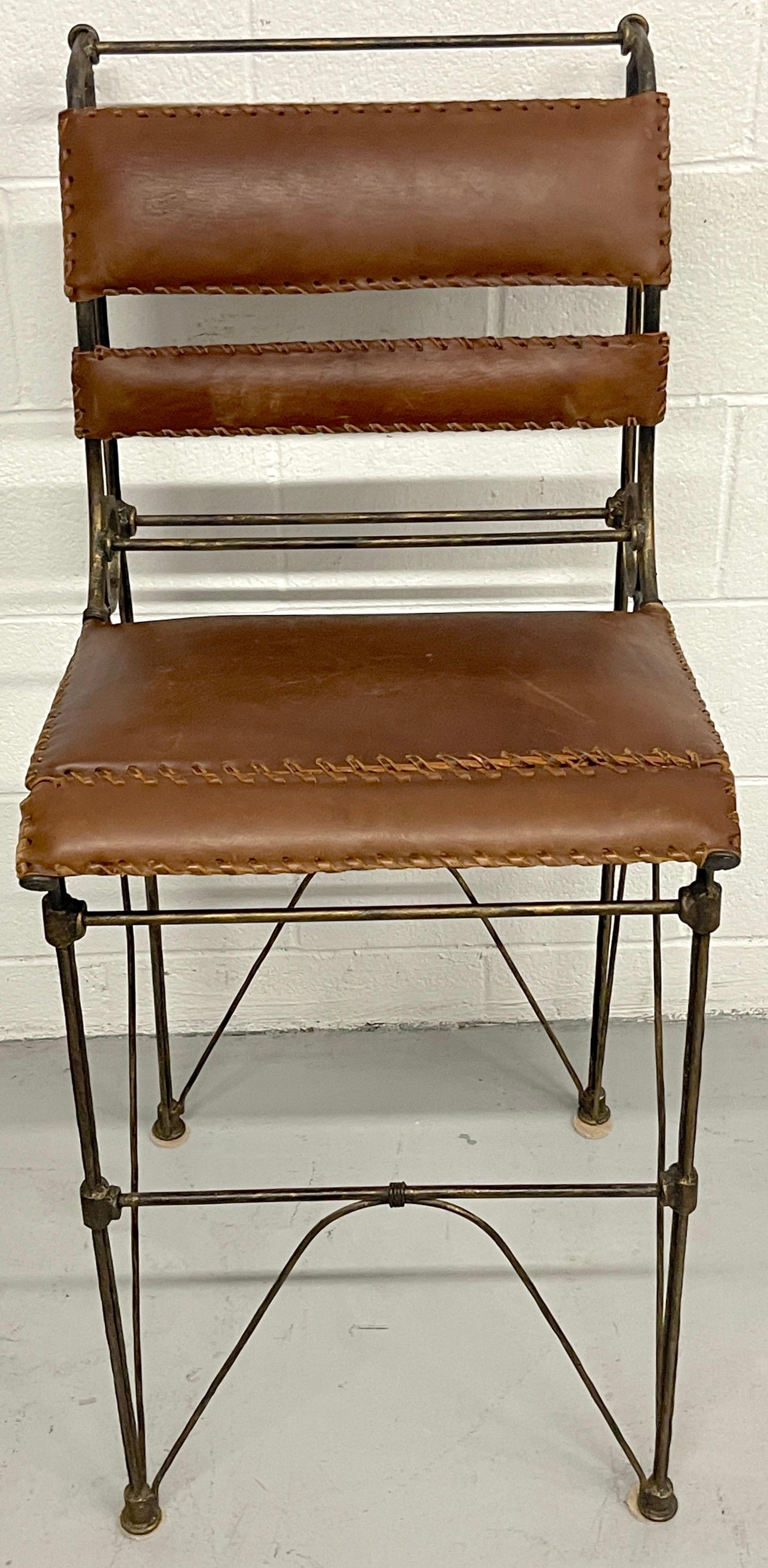 20th Century Set of Three Modern Iron & Stitched Leather Barstools For Sale
