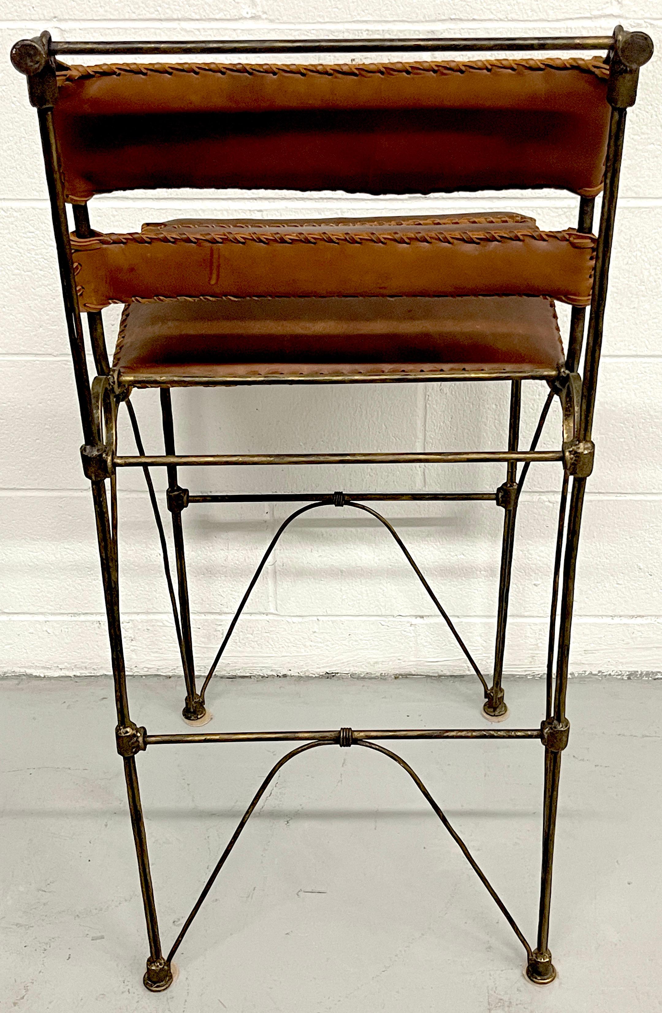 Set of Three Modern Iron & Stitched Leather Barstools For Sale 4