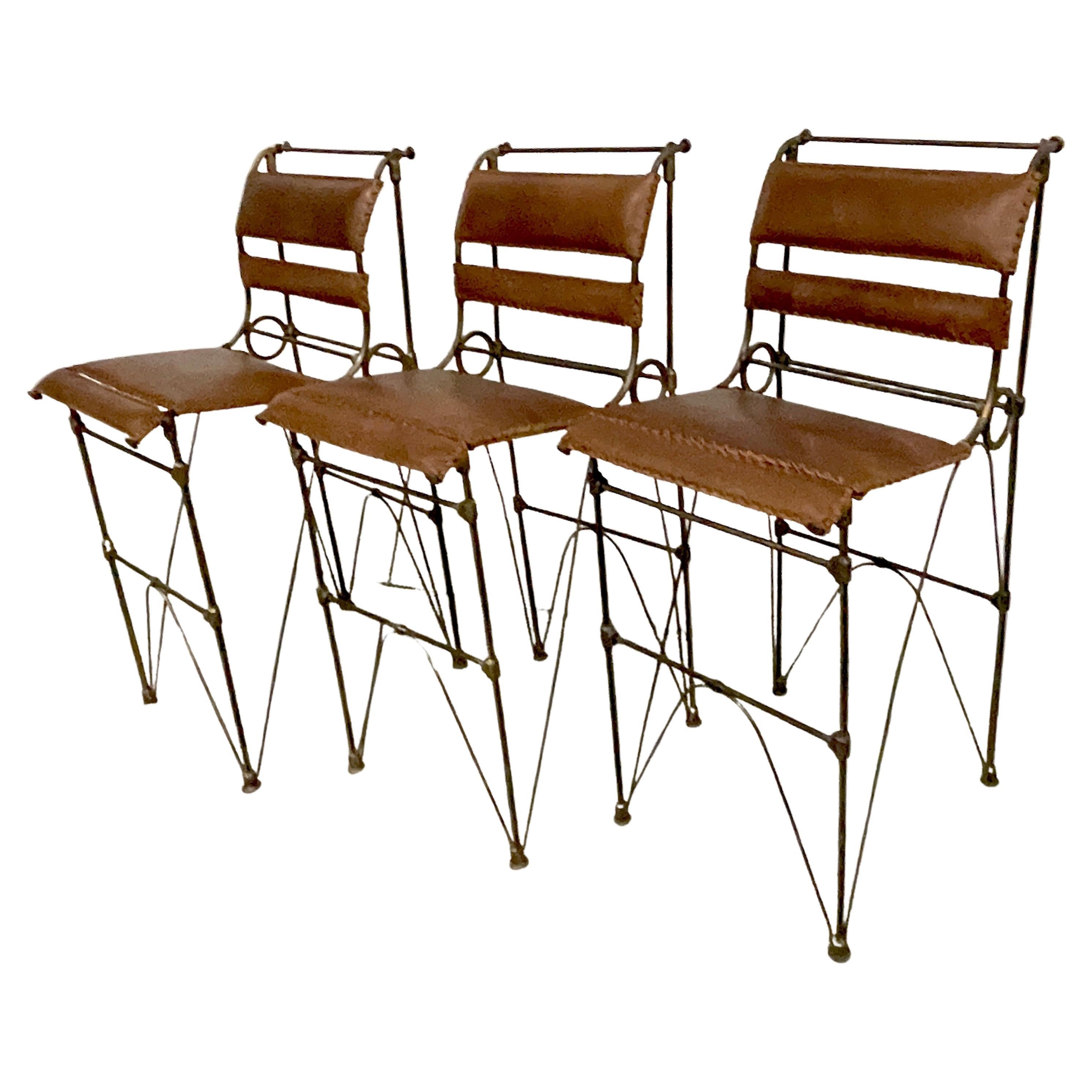 Set of Three Modern Iron & Stitched Leather Barstools For Sale