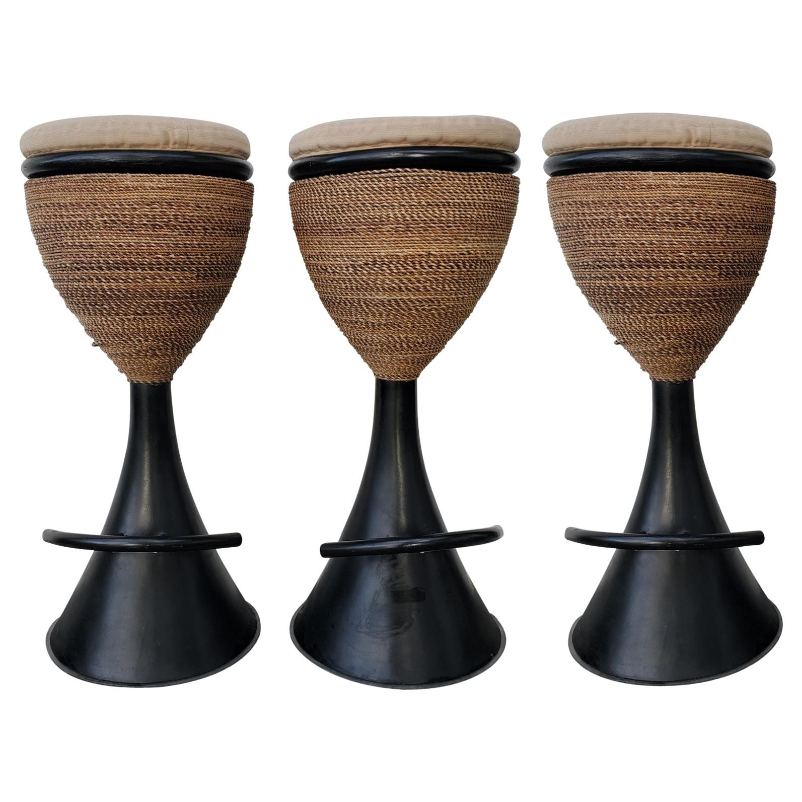 Set of Three Modern Italian Rattan and Metal Stools For Sale at 1stDibs