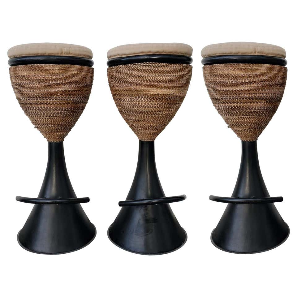Set of Three Modern Italian Rattan and Metal Stools For Sale at 1stDibs