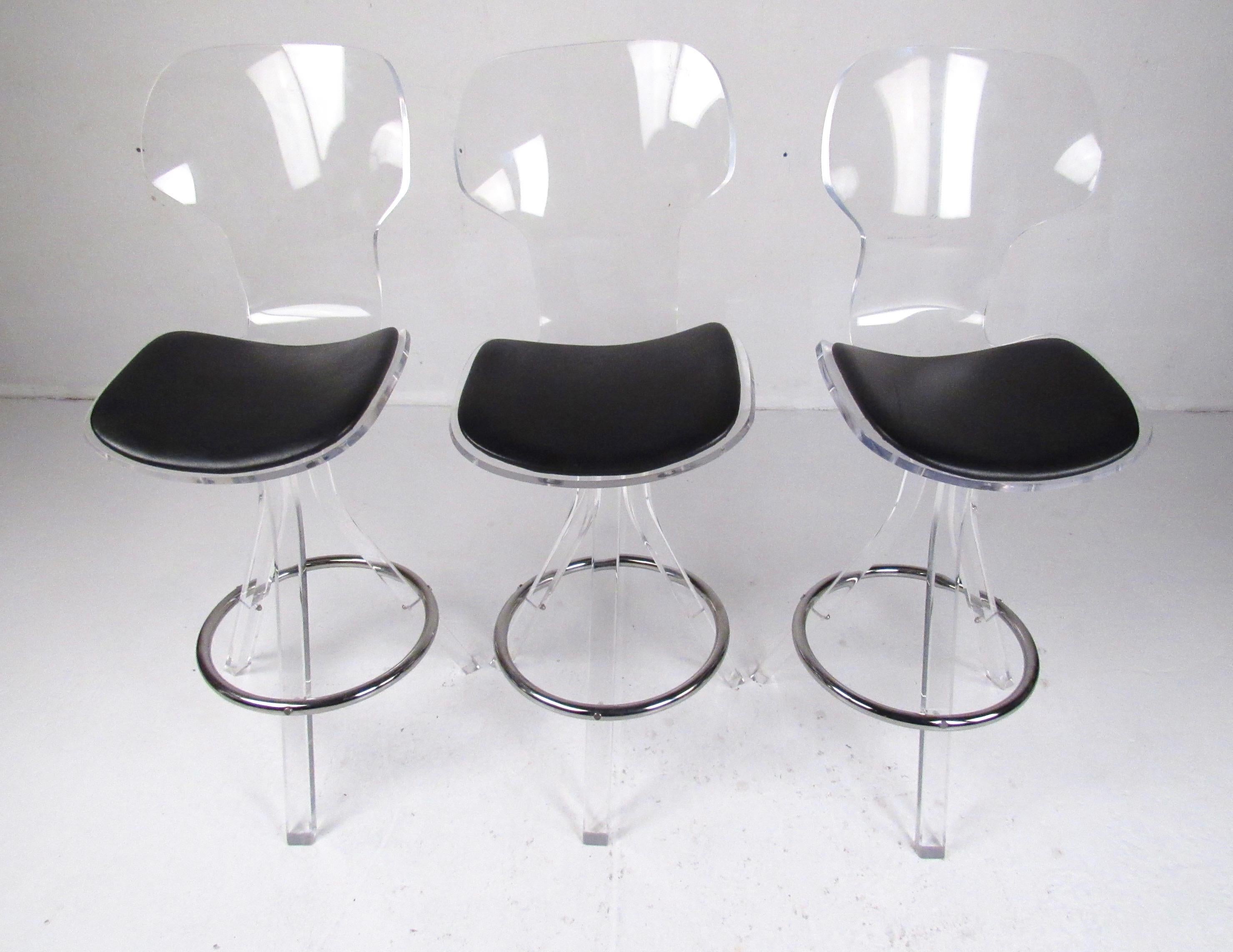Set of Three Modern Lucite Swivel Bar Stools In Good Condition In Brooklyn, NY
