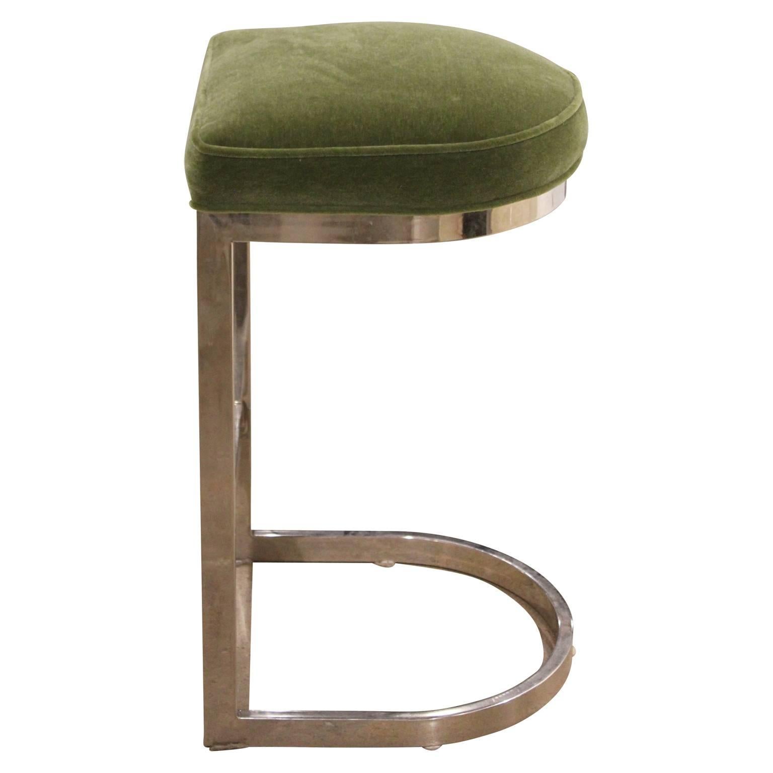 Set of three gorgeous chrome and green mohair cantilevered bar stools by Milo Baughman.