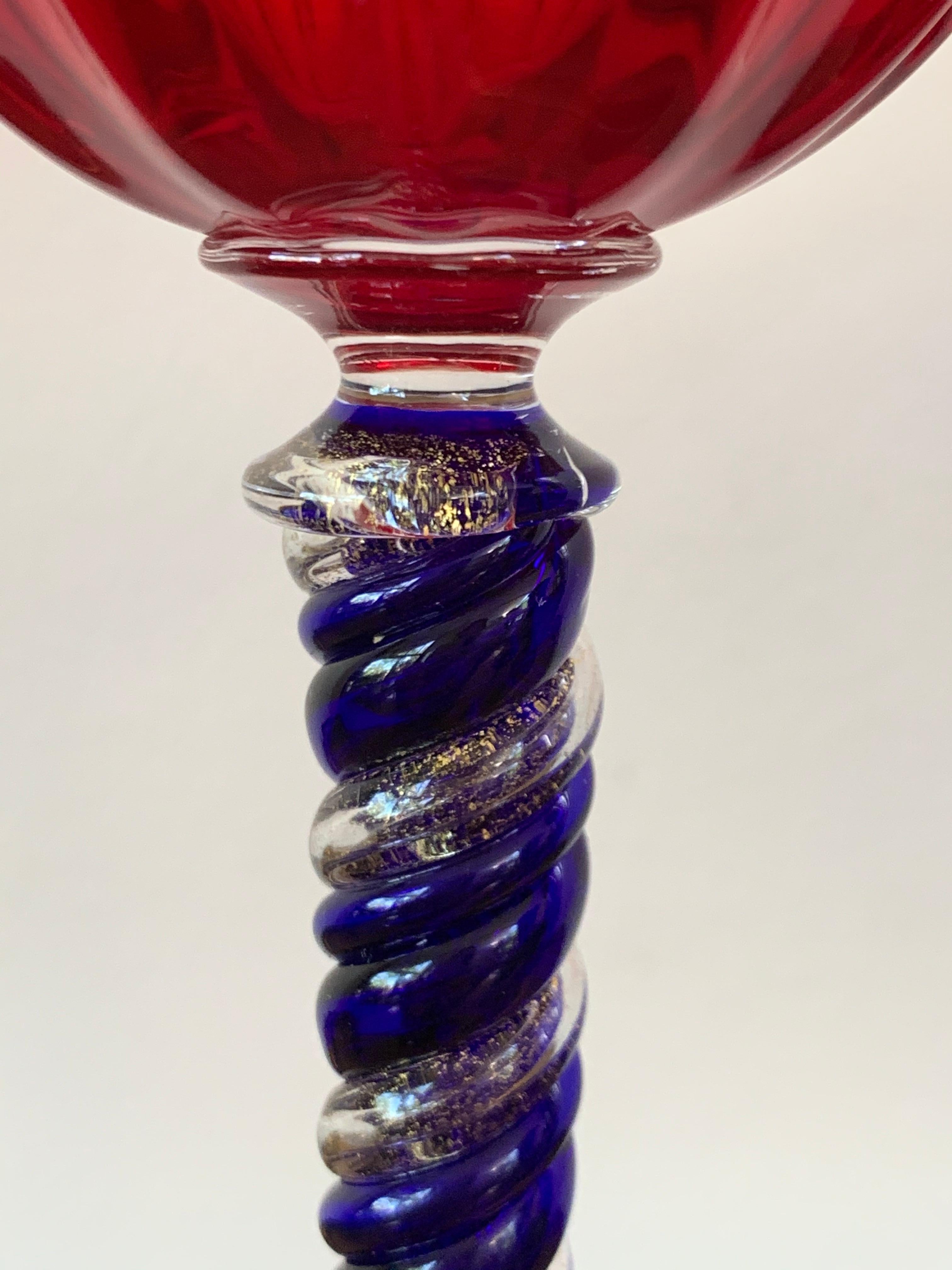 Italian Set of Three Modern Murano Glass Goblets, Blue, Red and Amethys For Sale