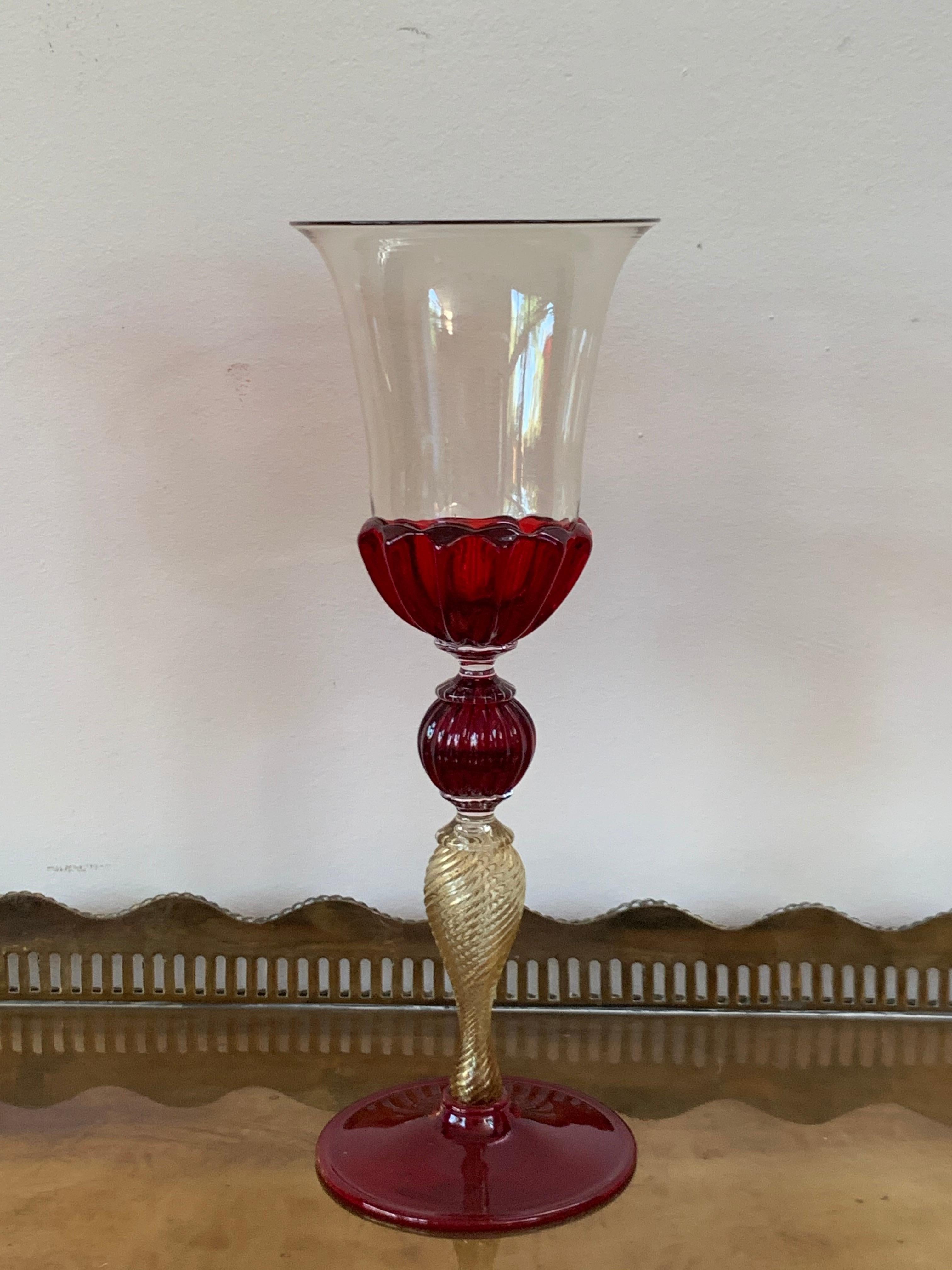 20th Century Set of Three Modern Murano Glass Goblets, Blue, Red and Amethys For Sale