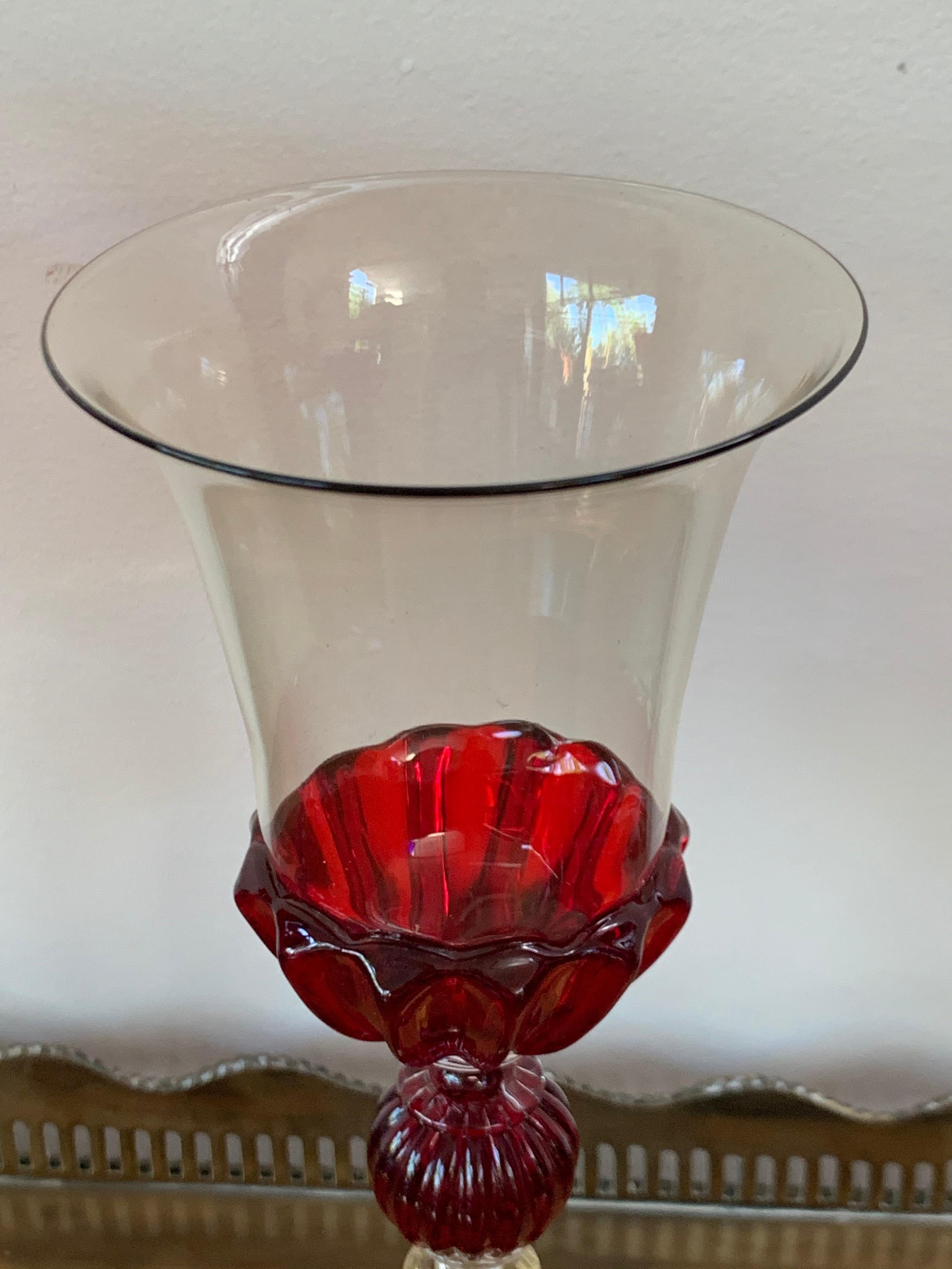 Art Glass Set of Three Modern Murano Glass Goblets, Blue, Red and Amethys For Sale