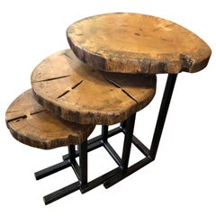 Set of Three Modern Oak and Wrought Iron Nesting Tables