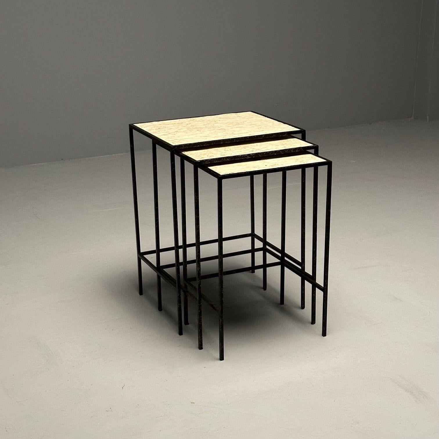 Contemporary Ralph Lauren, Modern Nesting Tables, Faux Travertine, Metal, 21st C. For Sale