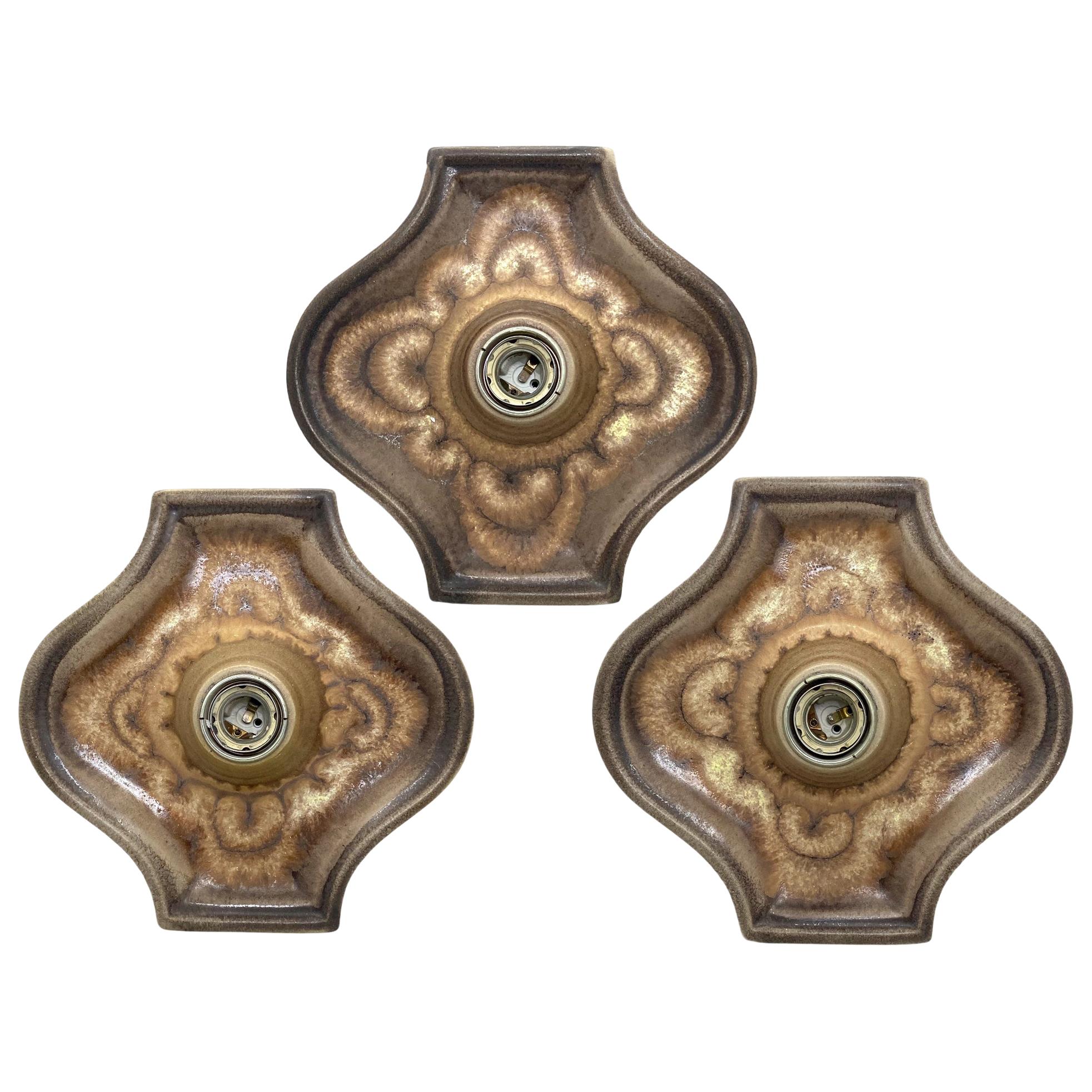 Set of Three Modernist 1970s German Ceramic Fat Lava Wall Lights Sconces For Sale