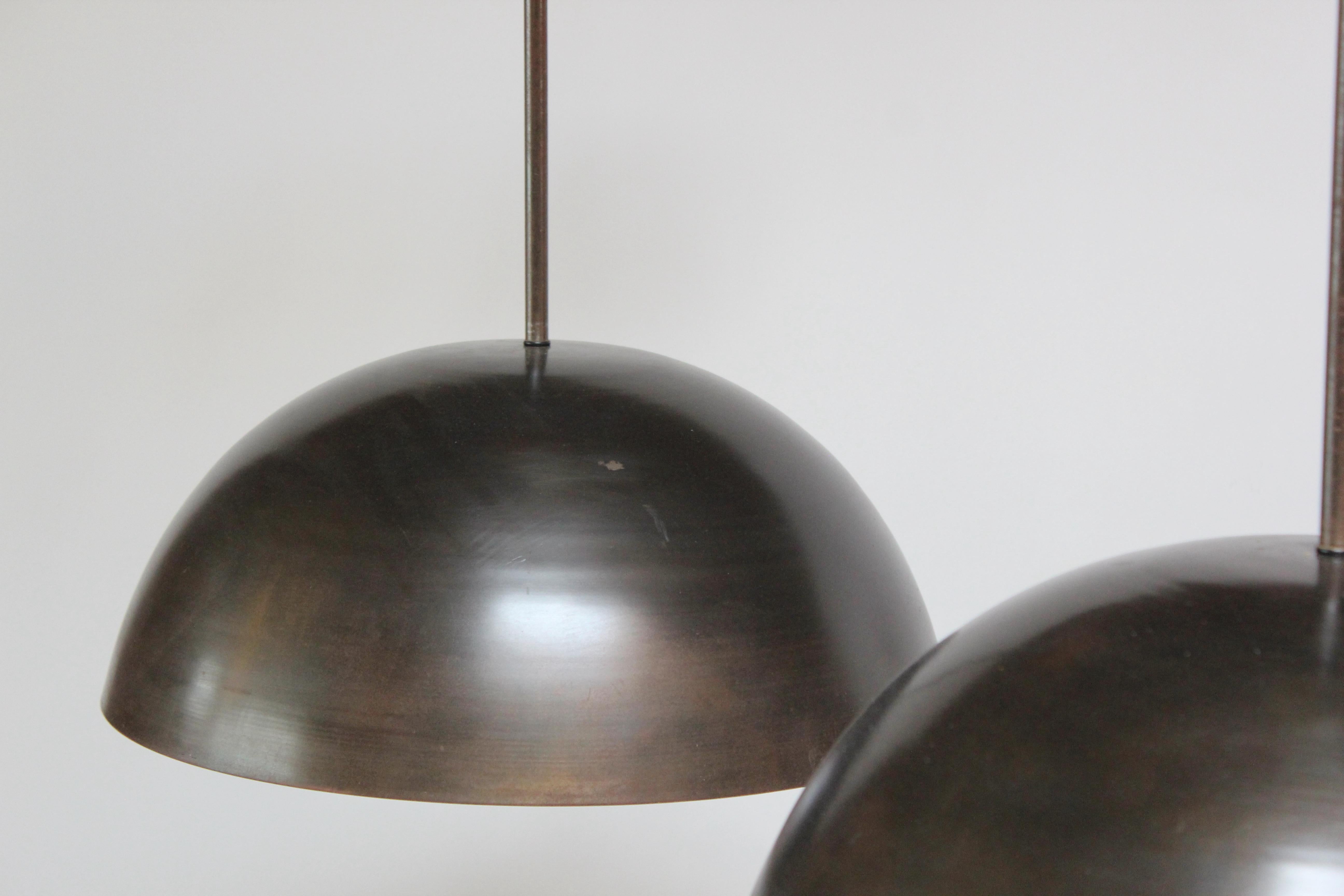 Set of Three Modernist Blackened Steel Three Fixture Dome Pendant Lights For Sale 3