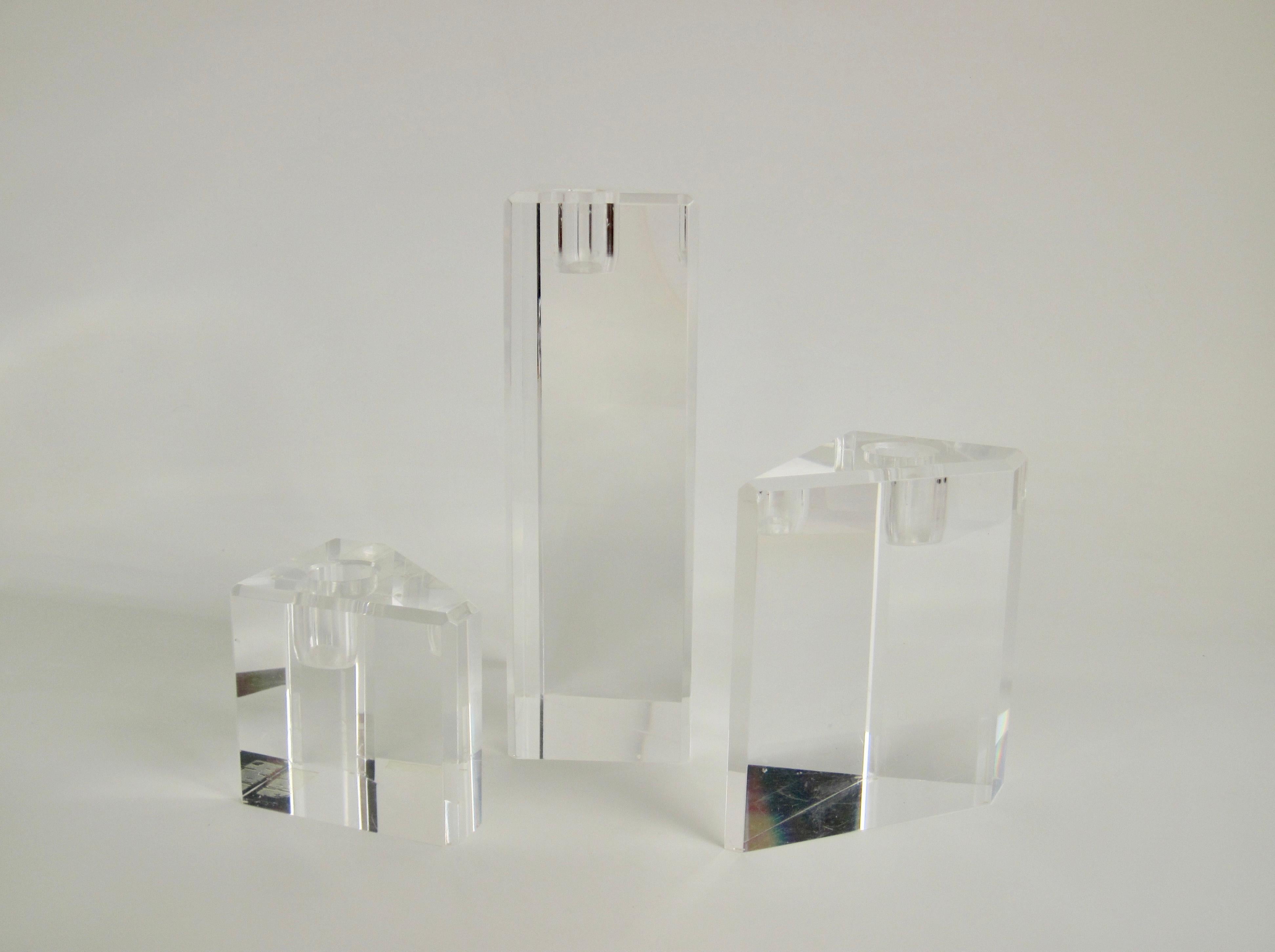 Post-Modern Set of Three Modernist Geometric Form Lucite Candlesticks For Sale
