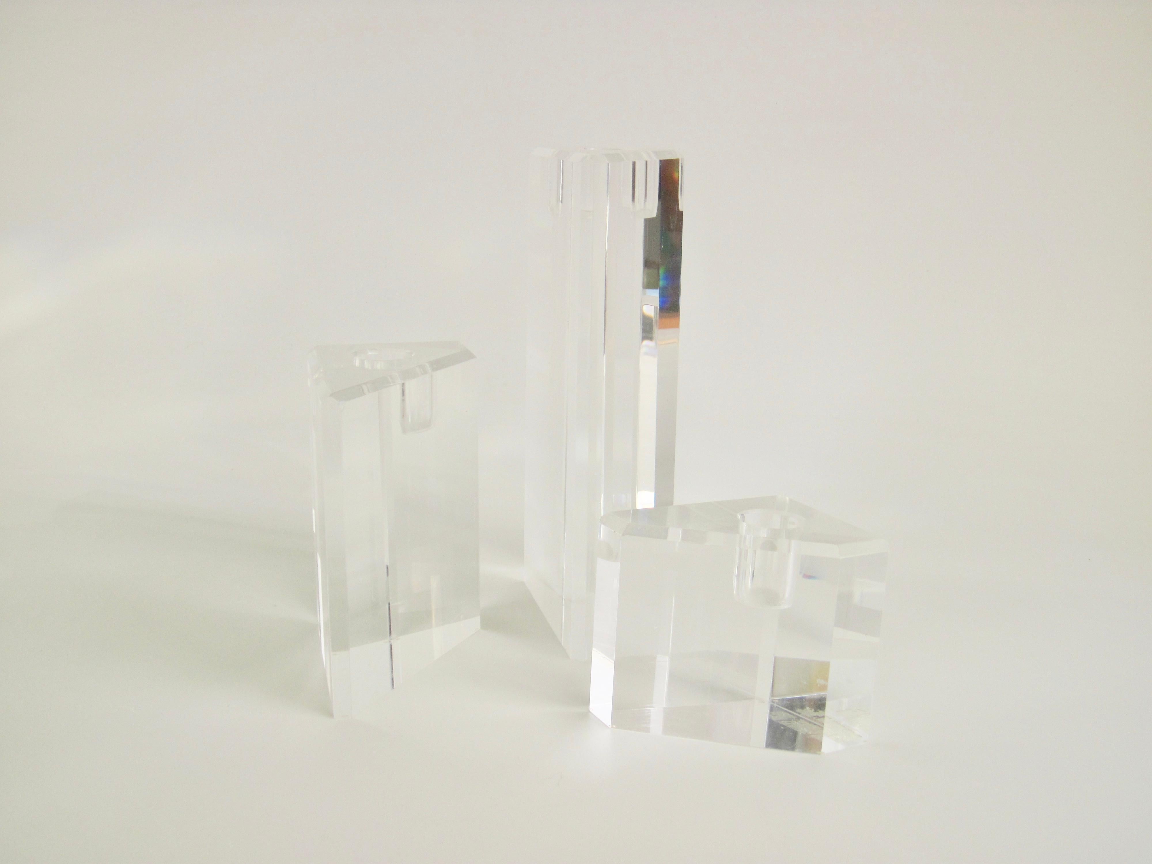 American Set of Three Modernist Geometric Form Lucite Candlesticks For Sale