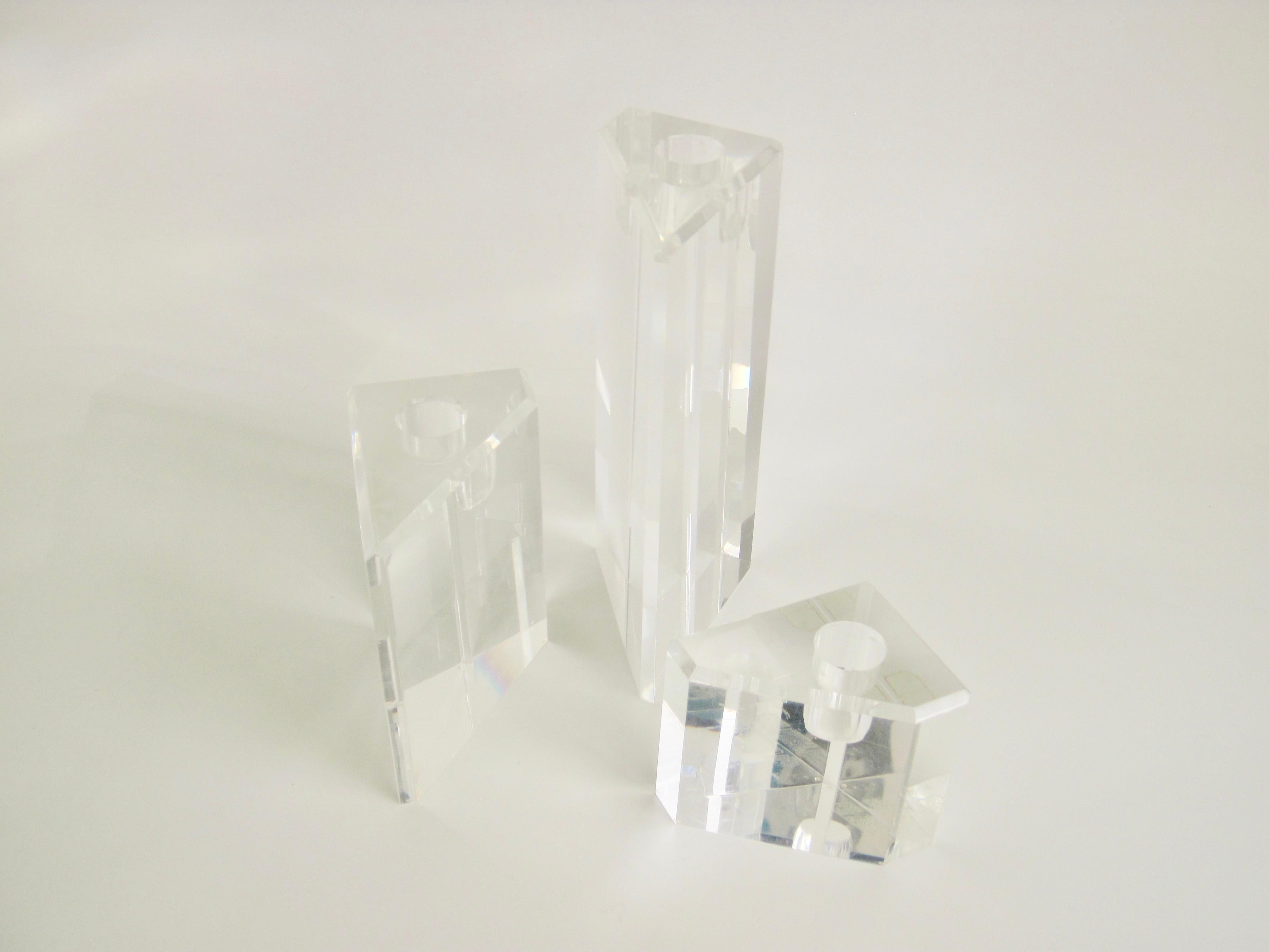 Set of Three Modernist Geometric Form Lucite Candlesticks In Good Condition For Sale In Ferndale, MI