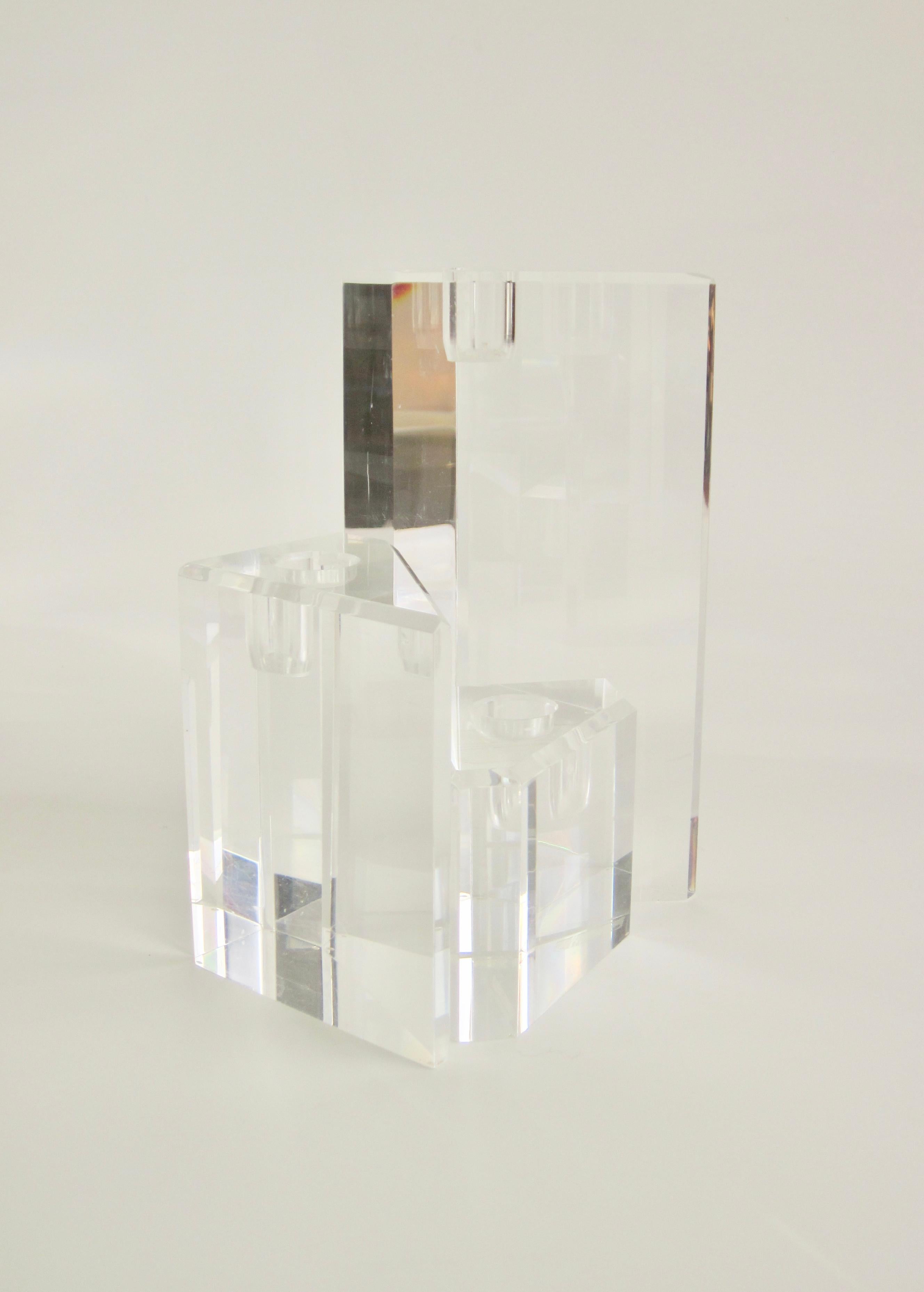 Set of Three Modernist Geometric Form Lucite Candlesticks For Sale 1