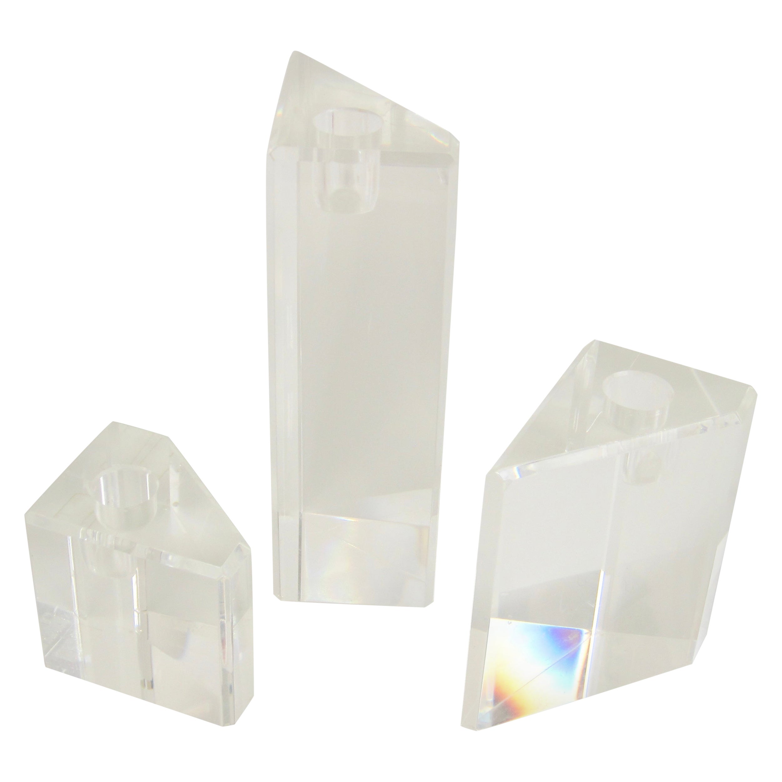 Set of Three Modernist Geometric Form Lucite Candlesticks
