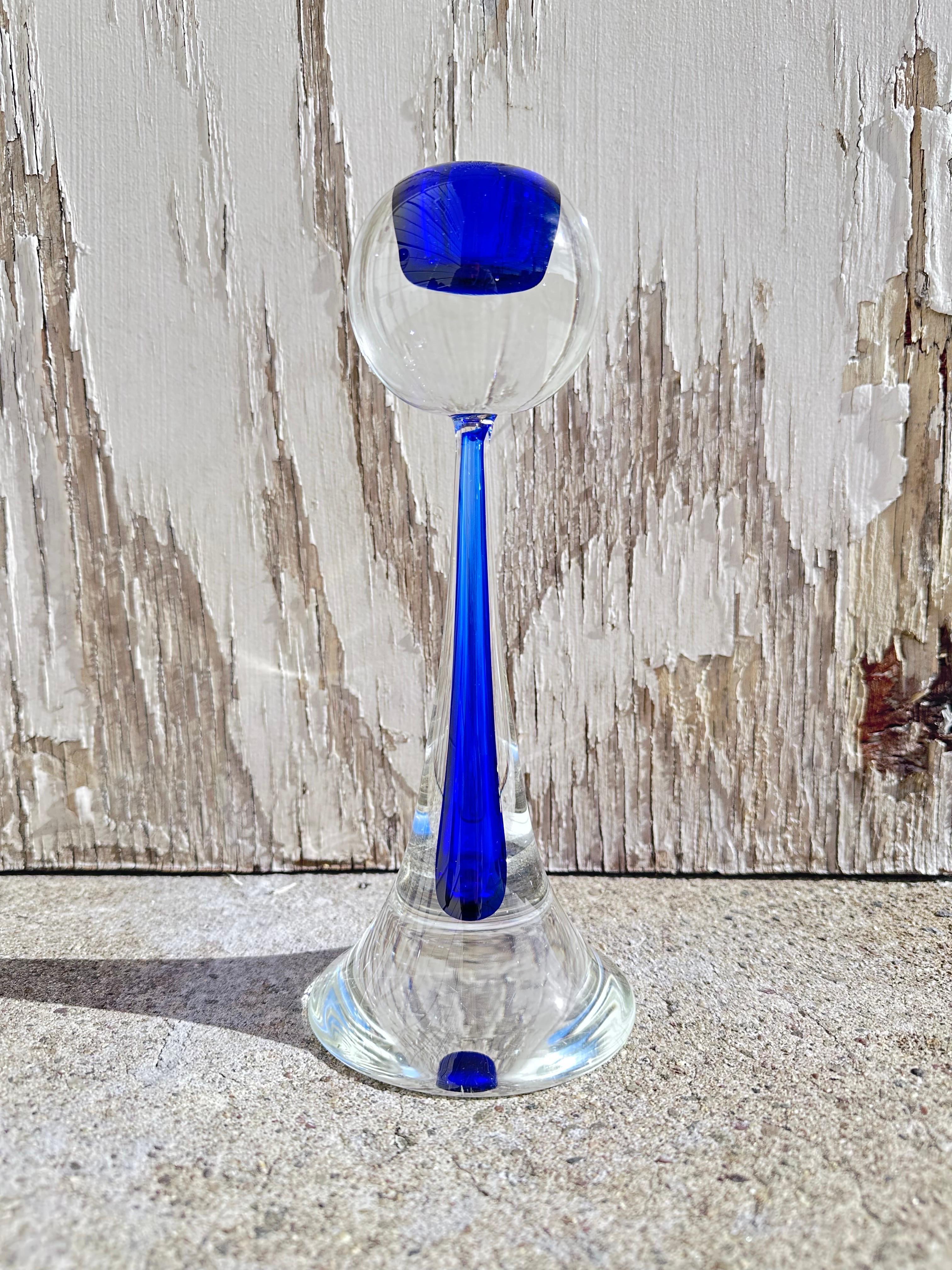 Italian Set of Three Modernist Hand Blown Murano Blue Glass Candlesticks Cenedese