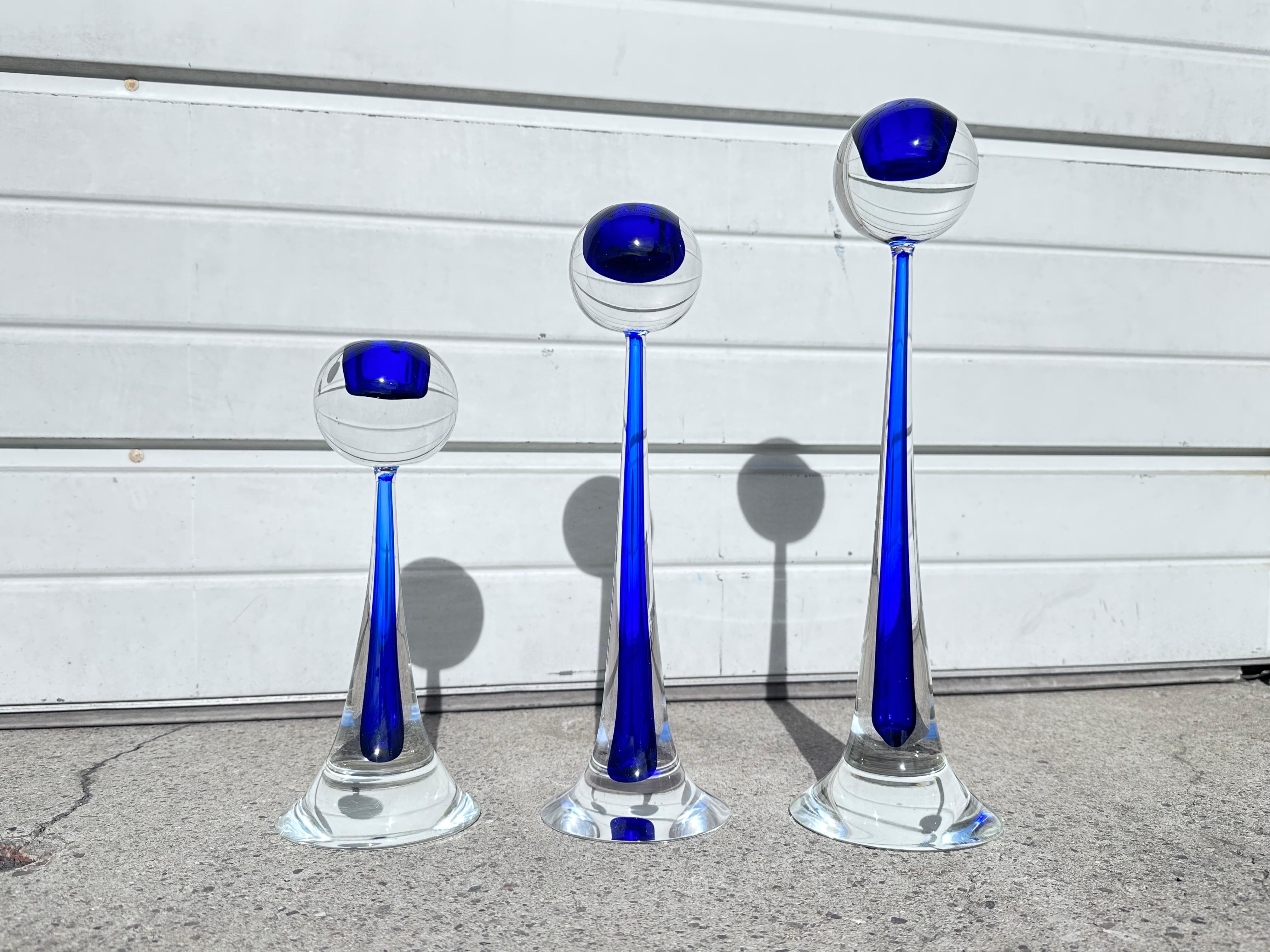 20th Century Set of Three Modernist Hand Blown Murano Blue Glass Candlesticks Cenedese For Sale