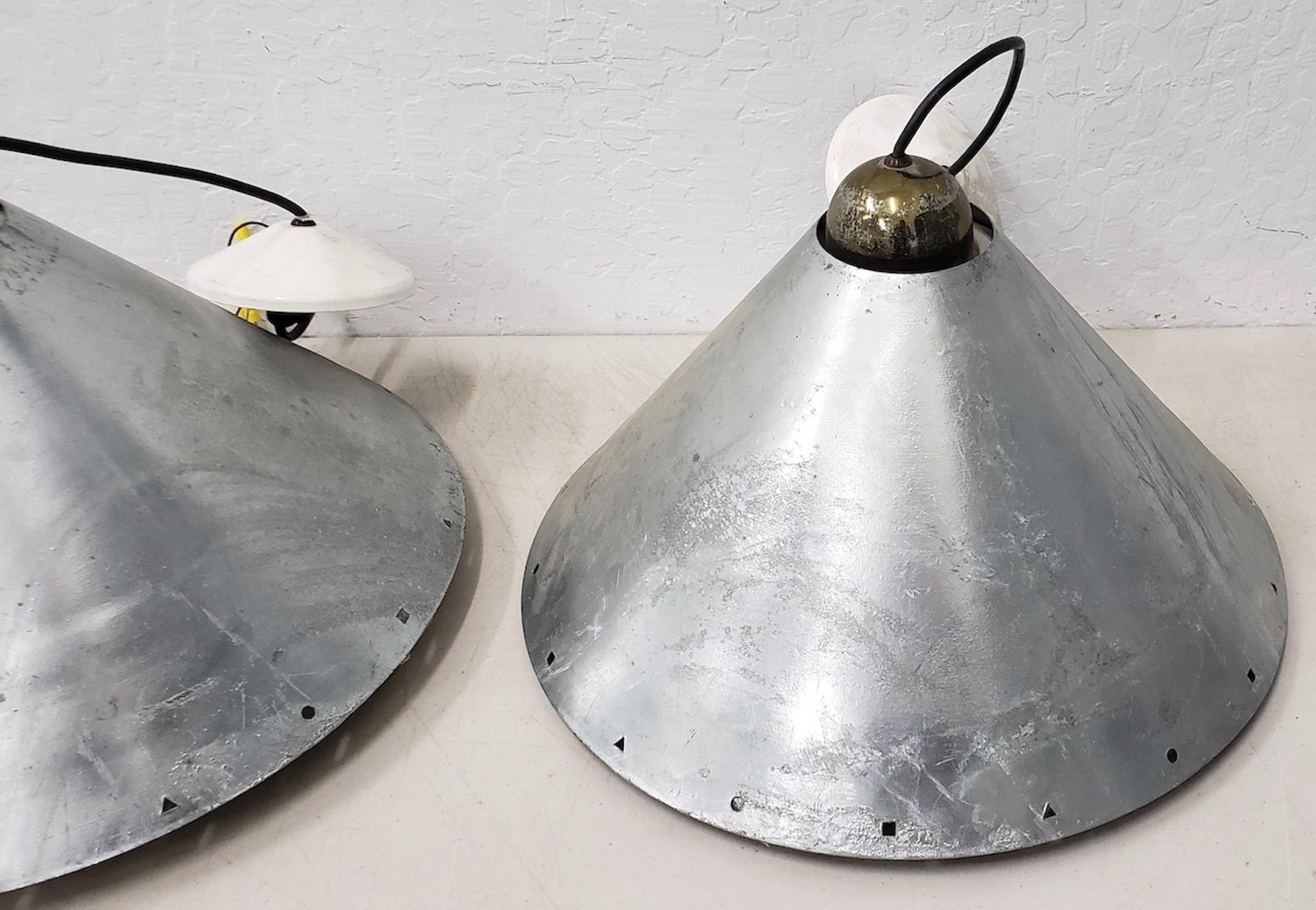 Industrial Set of Three Modernist Steel and Zinc Hanging Lamps by Ron Rezek circa 1980