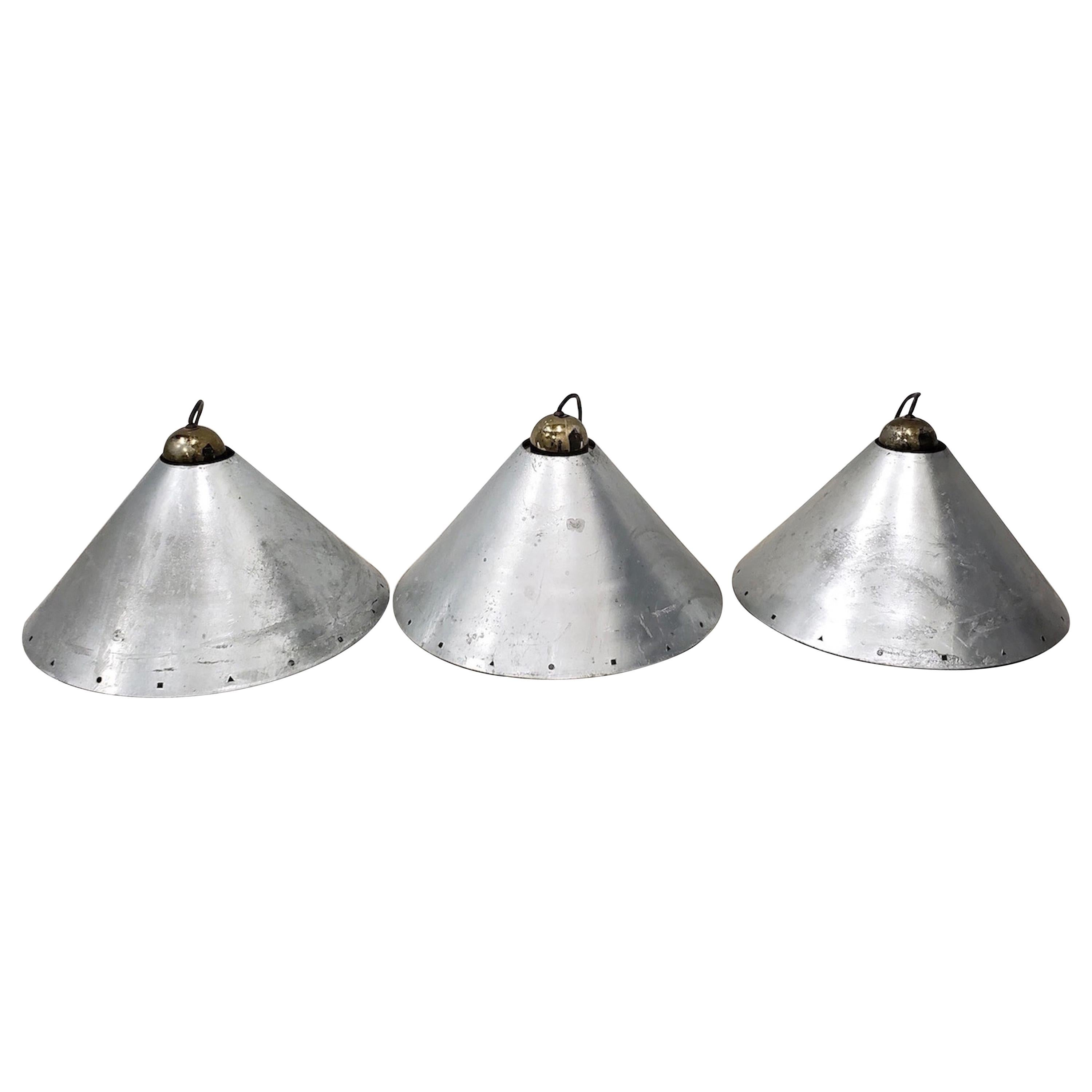 Set of Three Modernist Steel and Zinc Hanging Lamps by Ron Rezek circa 1980