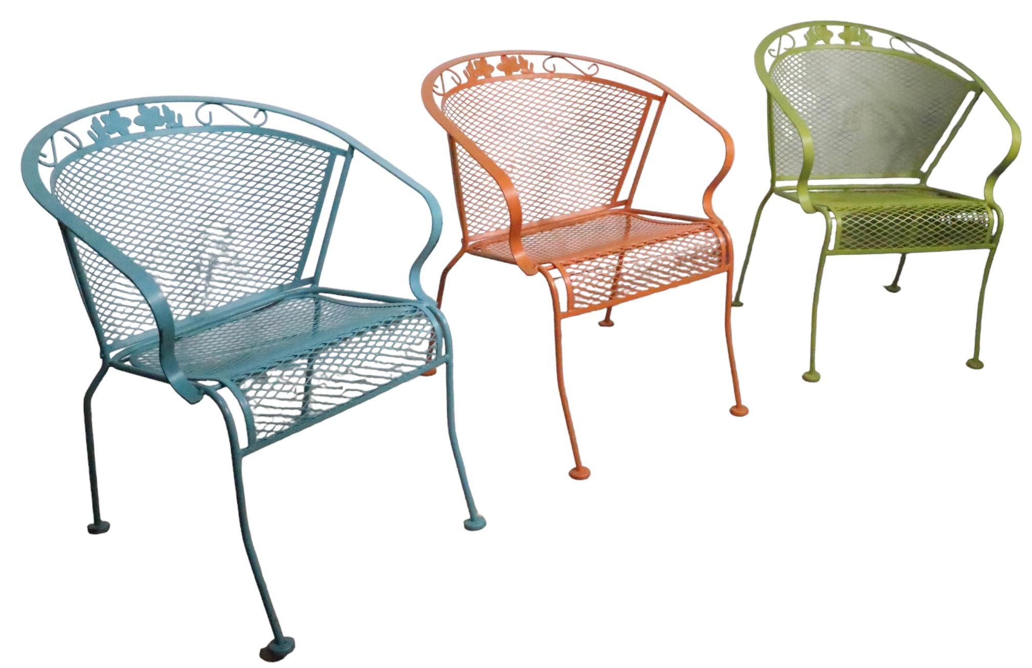 Set of Three Multi Colored Vintage Garden Patio Poolside Chairs Att. Salterini For Sale 3