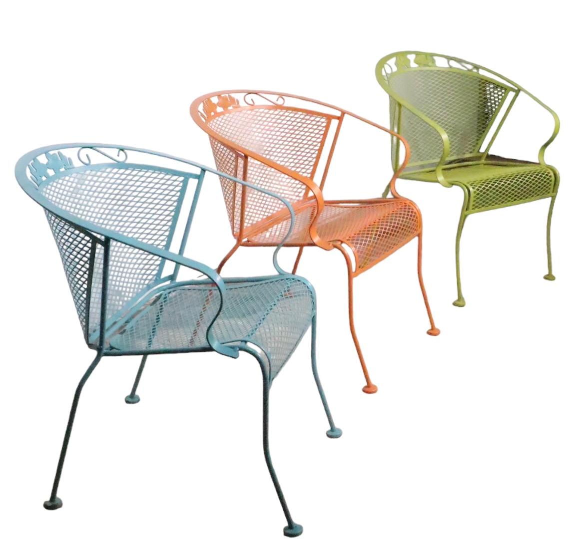 Set of Three Multi Colored Vintage Garden Patio Poolside Chairs Att. Salterini For Sale 5