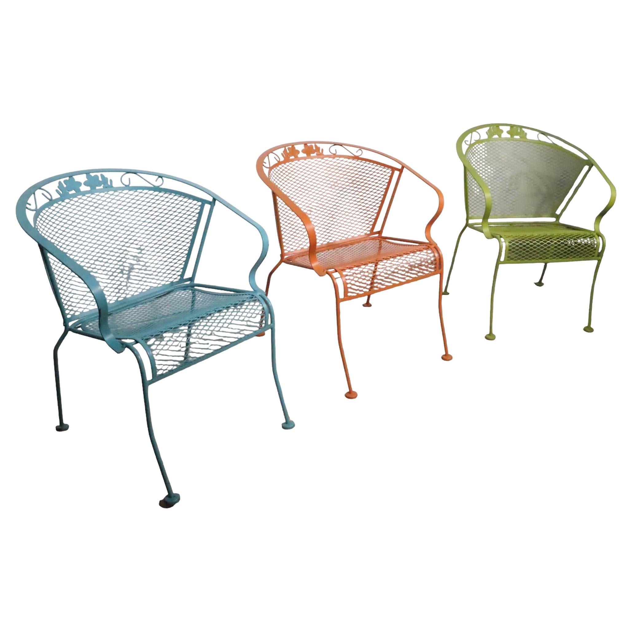 Set of Three Multi Colored Vintage Garden Patio Poolside Chairs Att. Salterini For Sale