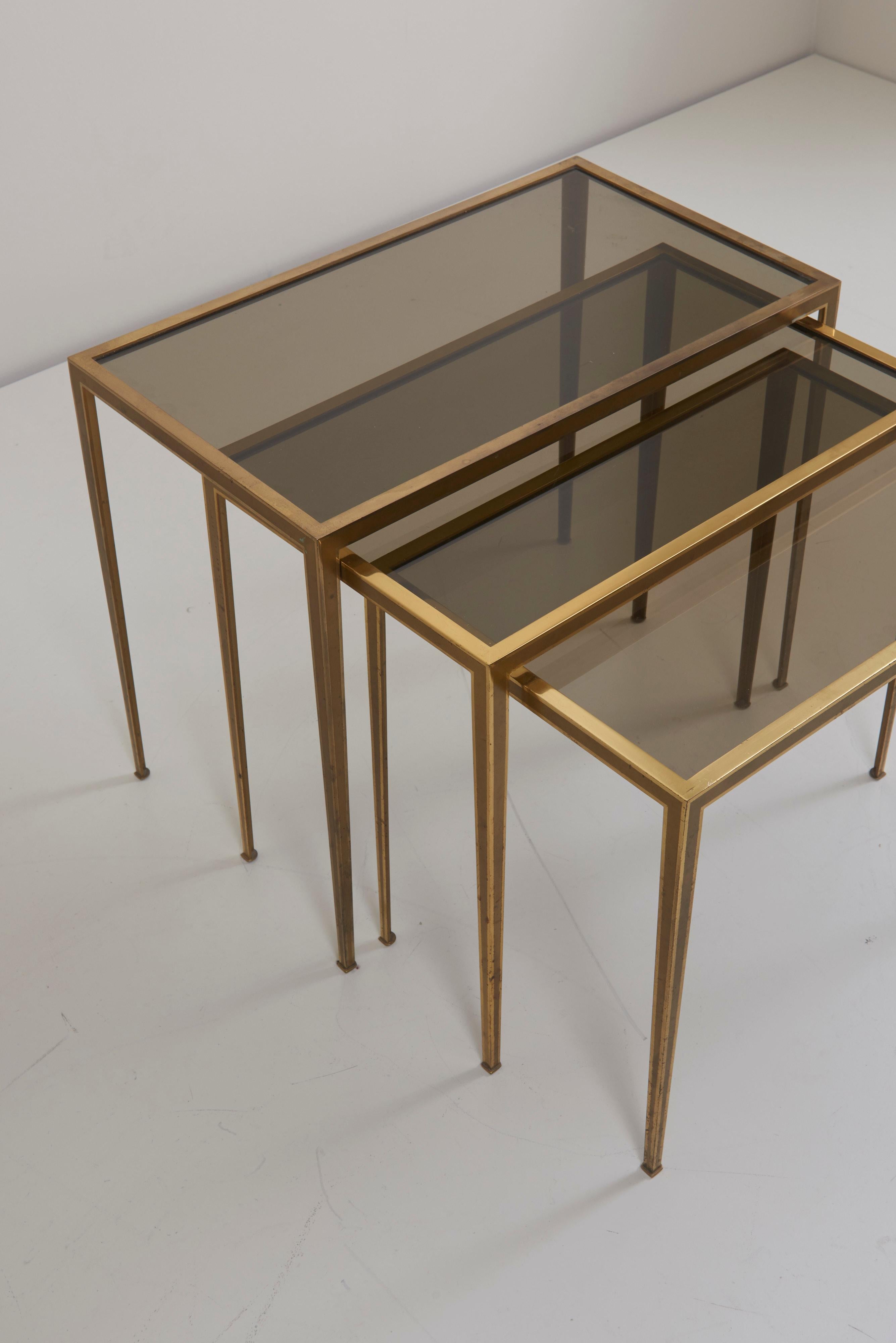 Set of Three Münchner Werkstätten Brass and Glass Nesting Tables 1