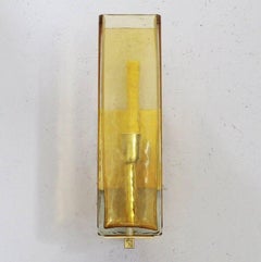 Set of Three Murano Amber Glass & Brass Sconces, Italy, 1980's.