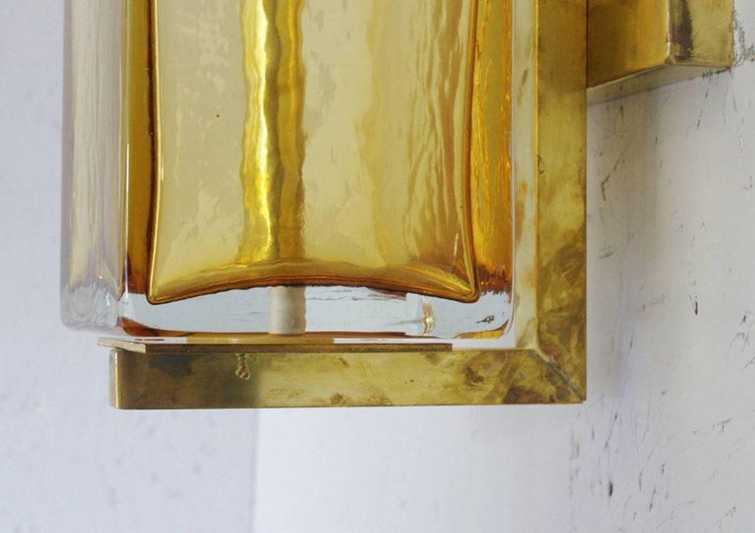 Vetro di Murano Set of Three Murano Amber Glass & Brass Sconces, Italy, 1980's. in vendita
