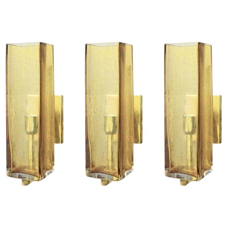 Set of Three Murano Amber Glass & Brass Sconces, Italy, 1980's. in vendita