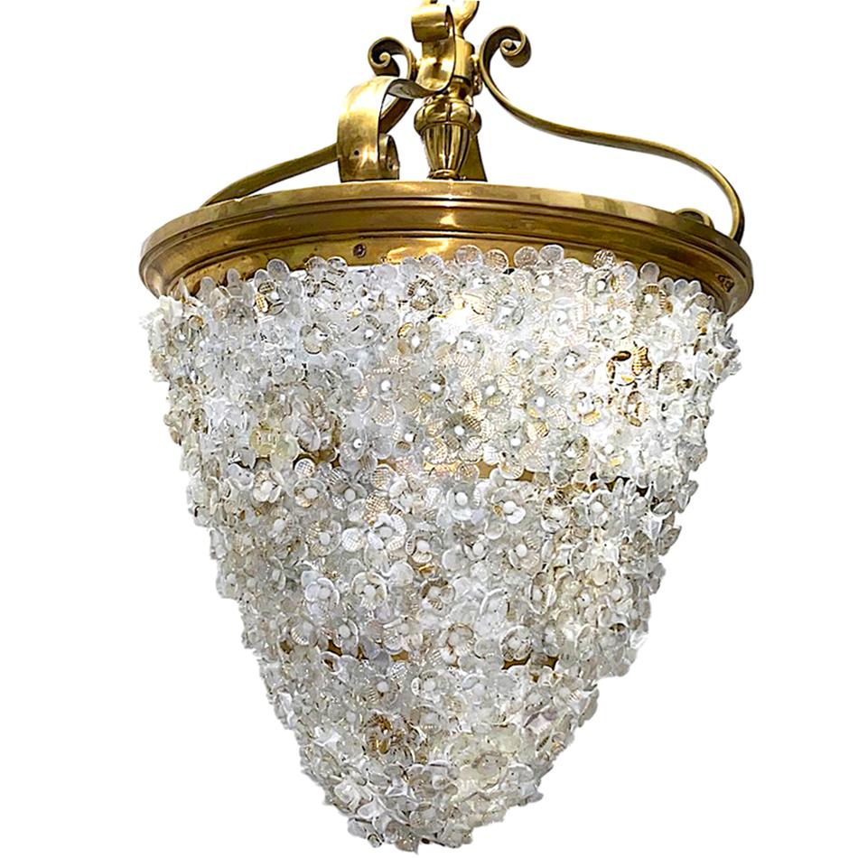 Set of 3 circa 1940's gilt bronze lanterns with white and gold dust flowers on body.  4 interior lights.
Sold Individually.

Measurements:
Min. Drop: 29
