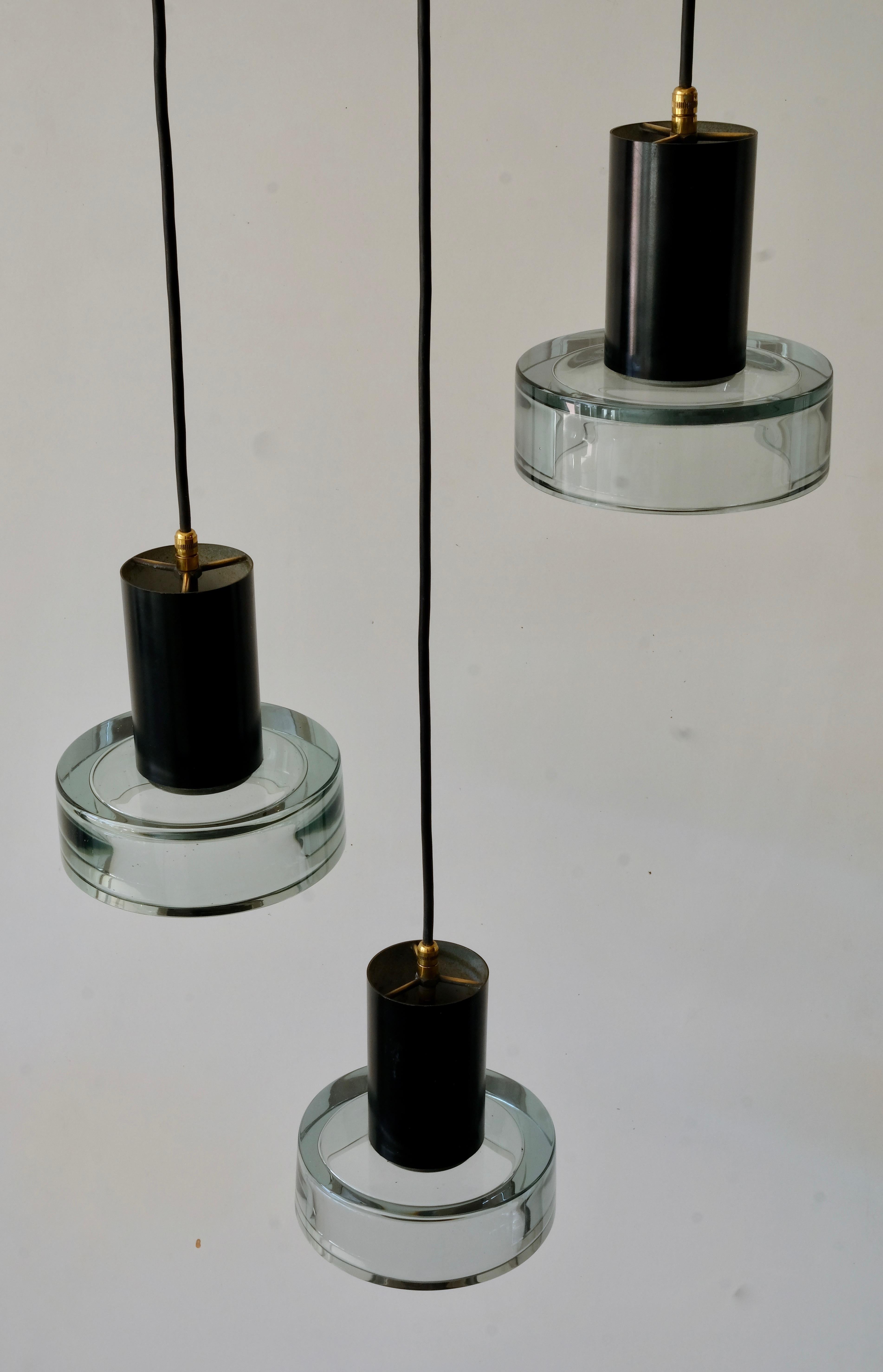 Metal Set of Three Murano Glass Flavio Poli for Seguso Pendant Lights, 1960s