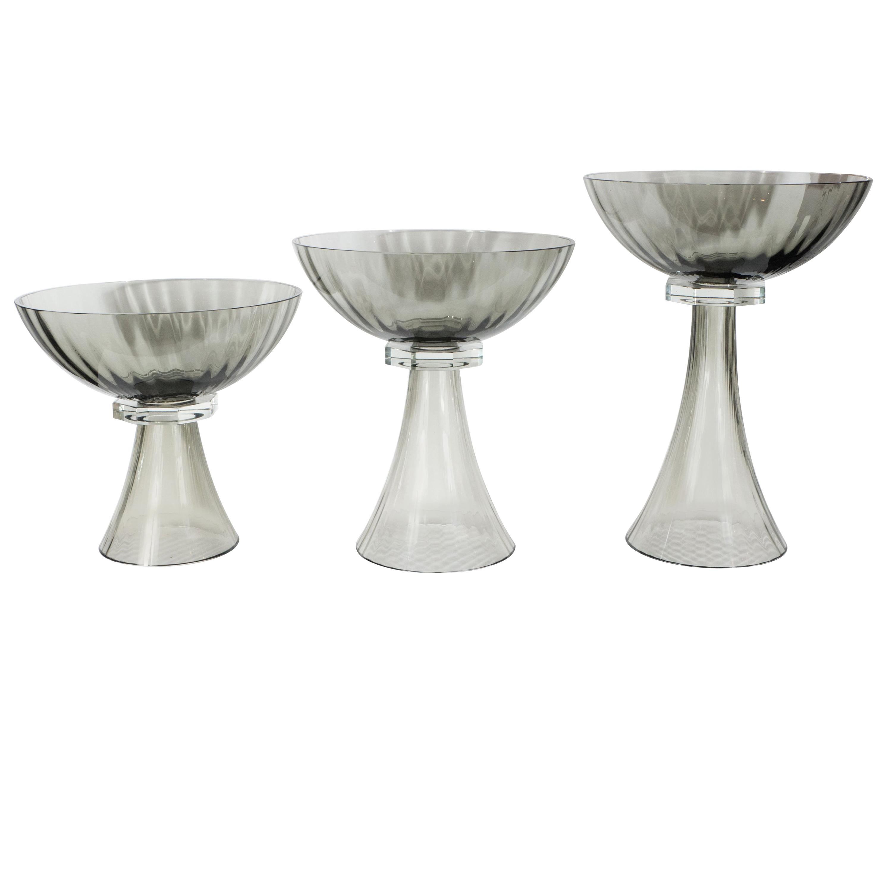 Set of Three Murano Glass Modernist Bowls or Vases in Handblown Smoked