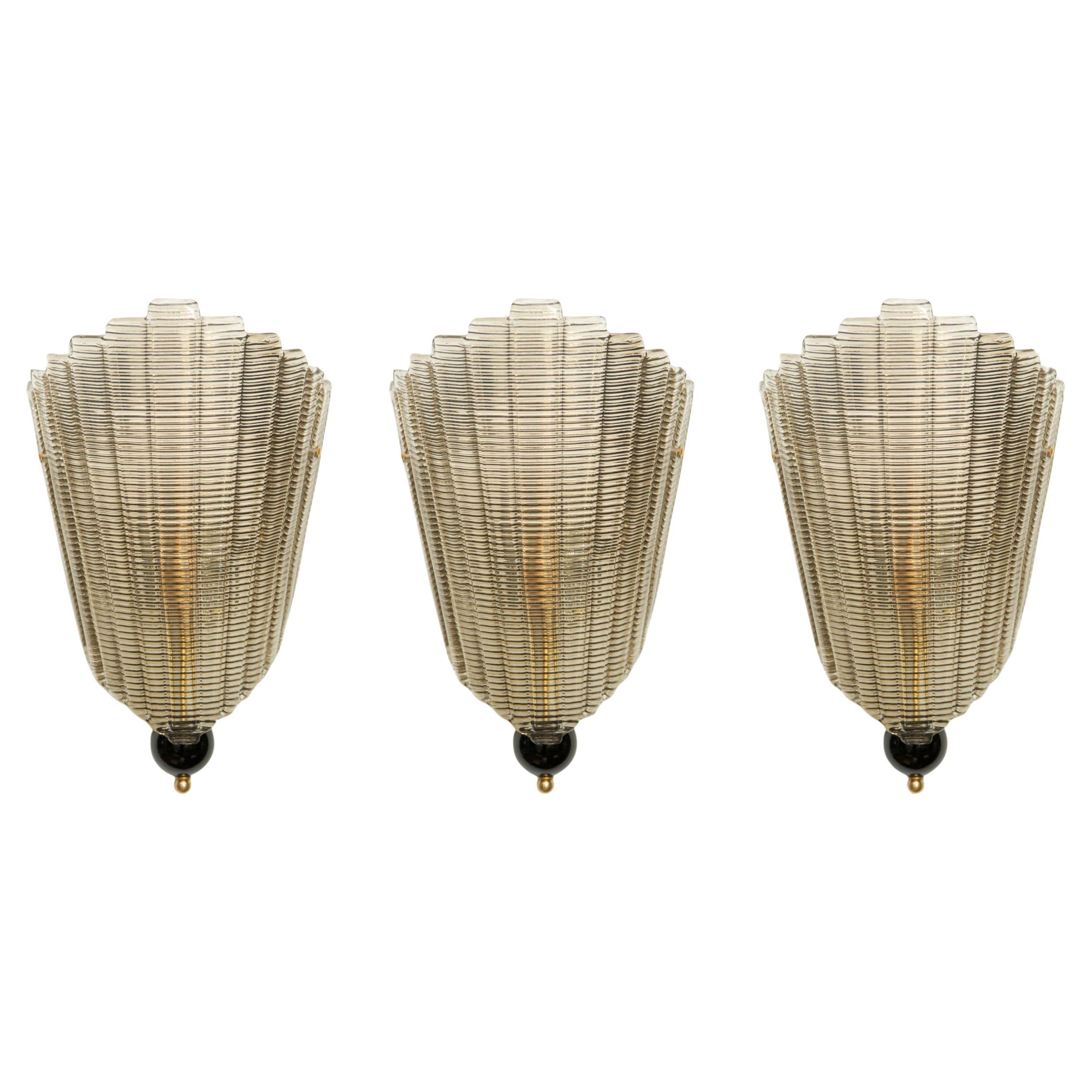 Set of 3 Art Deco Style Italian Murano Smoked Glass Wall Sconces, Contemporary