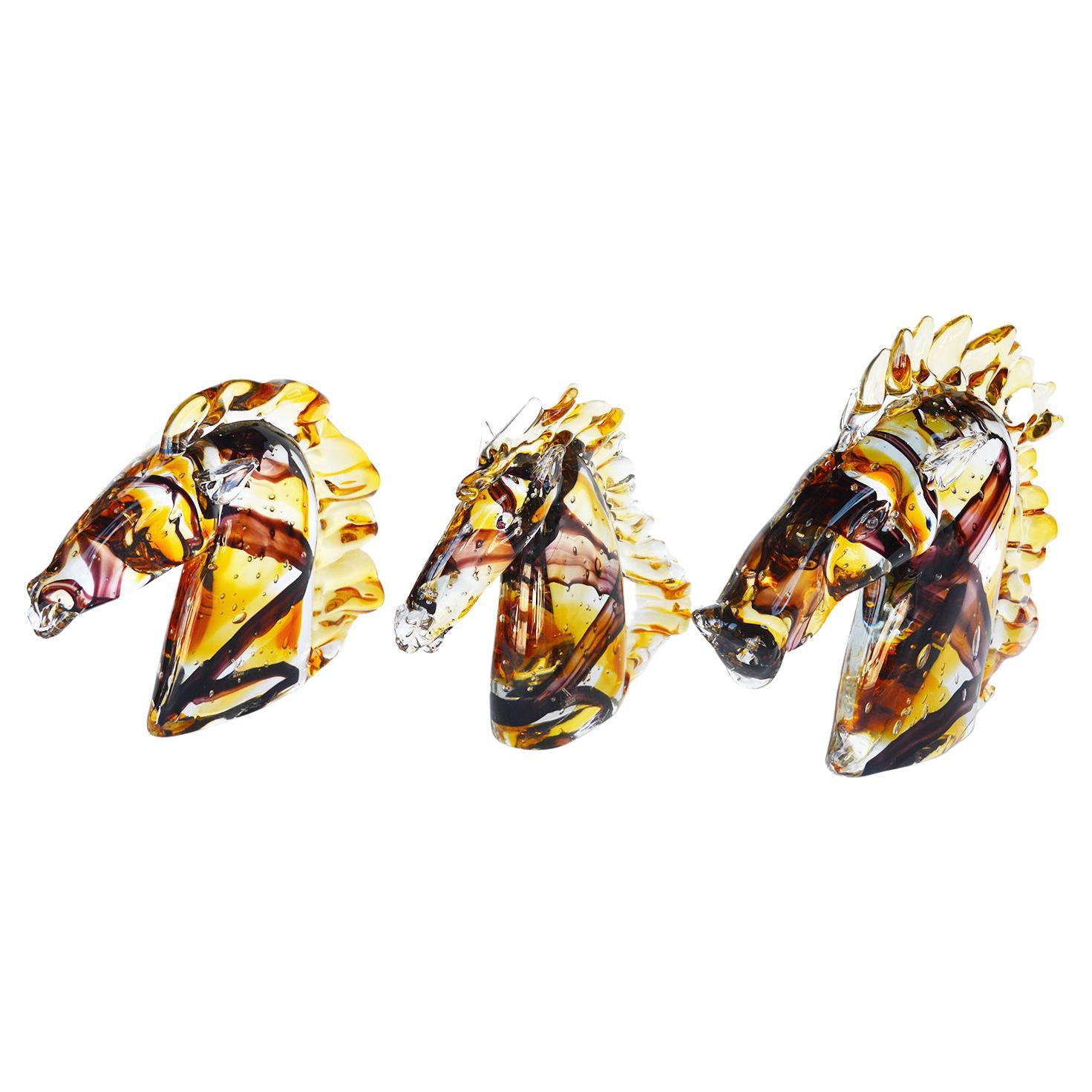 Set di tre sculture a testa di cavallo di Murano di Sergio Costantini, anni '80