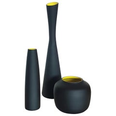 Retro Set of Three Murano Incamiciato Black and Yellow Glass Vases, 1950s