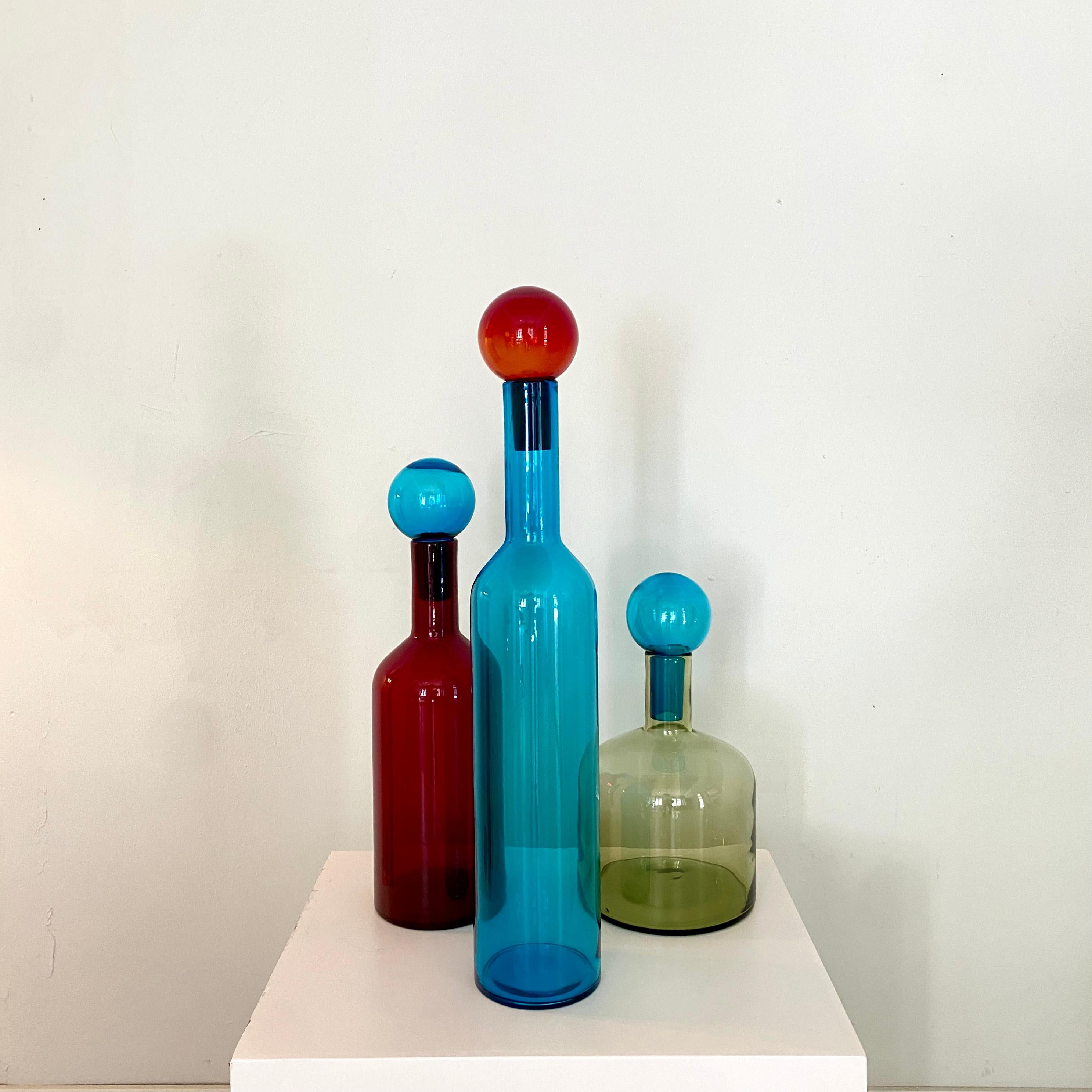 Murano Glass Set of Three Murano Multicolored Blown Glass Bottle Vases Italian Modern, 2000s
