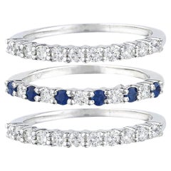 Set of Three Natural Blue Sapphires and Diamonds Half Eternity Band Rings 14K