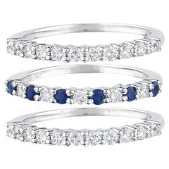 Set of Three Natural Blue Sapphires and Diamonds Half Eternity Band Rings 14K